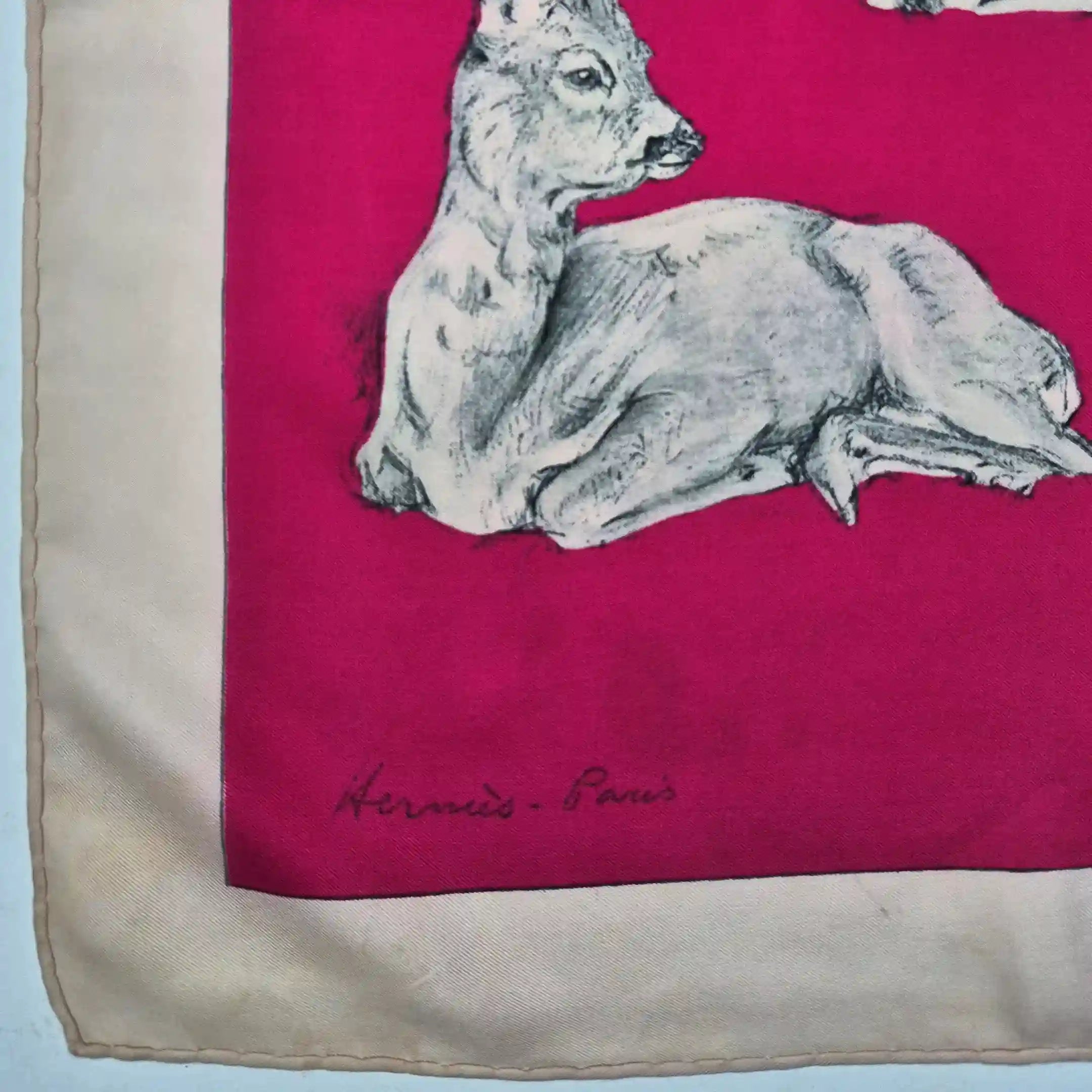 hermes les biches xavier de poret silk scarf fuchsia ivory deer naturalist 1957
