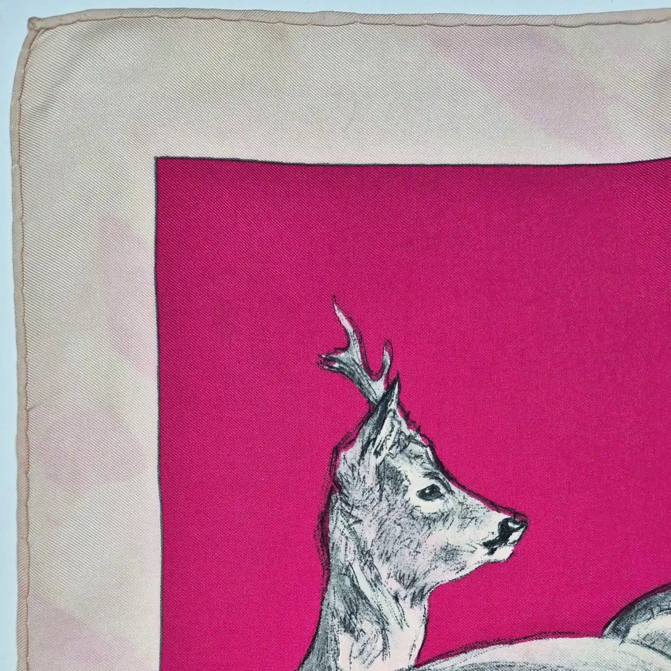hermes les biches xavier de poret silk scarf fuchsia ivory deer naturalist 1957
