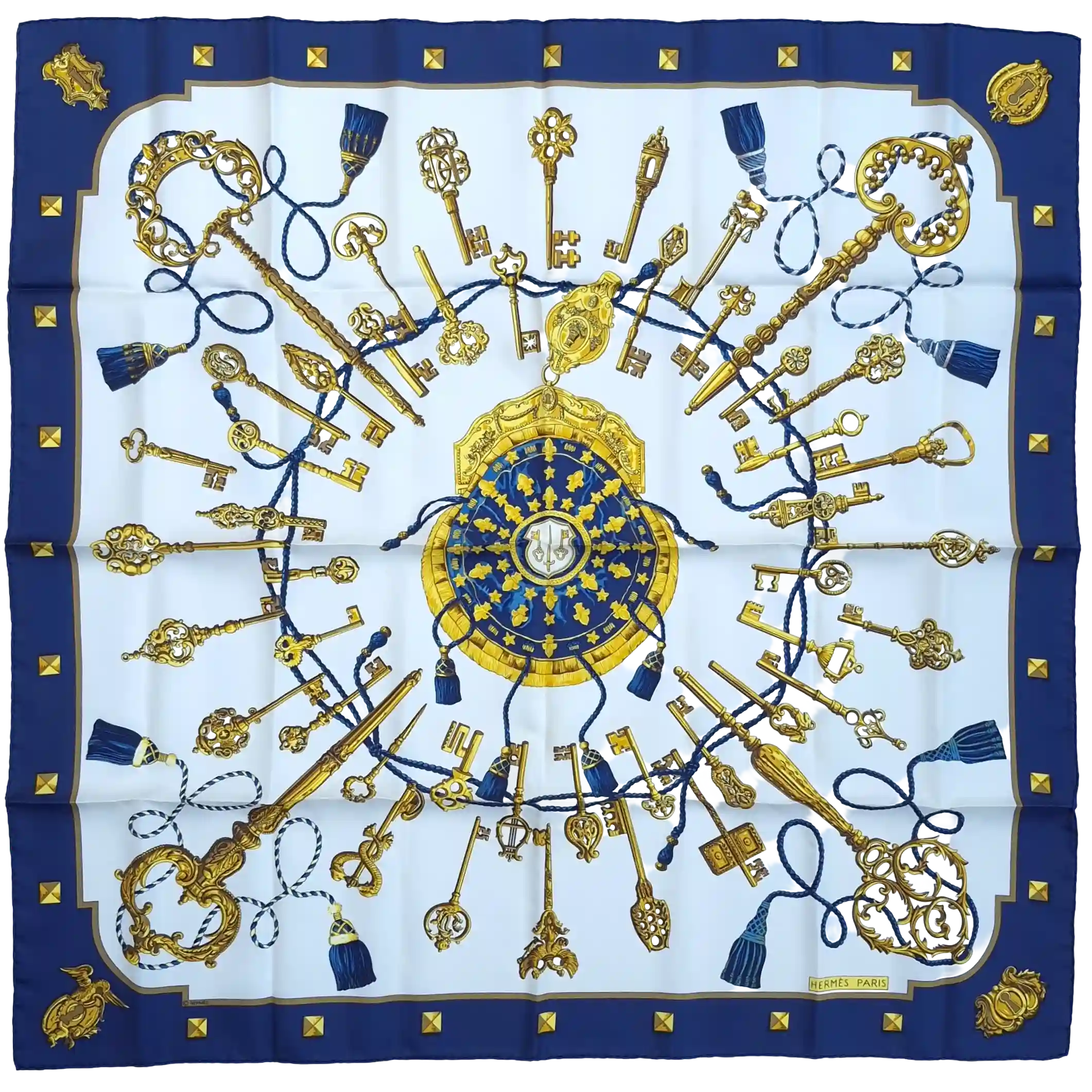 hermes les cles caty latham 1963 silk scarf navy blue gold antique keys