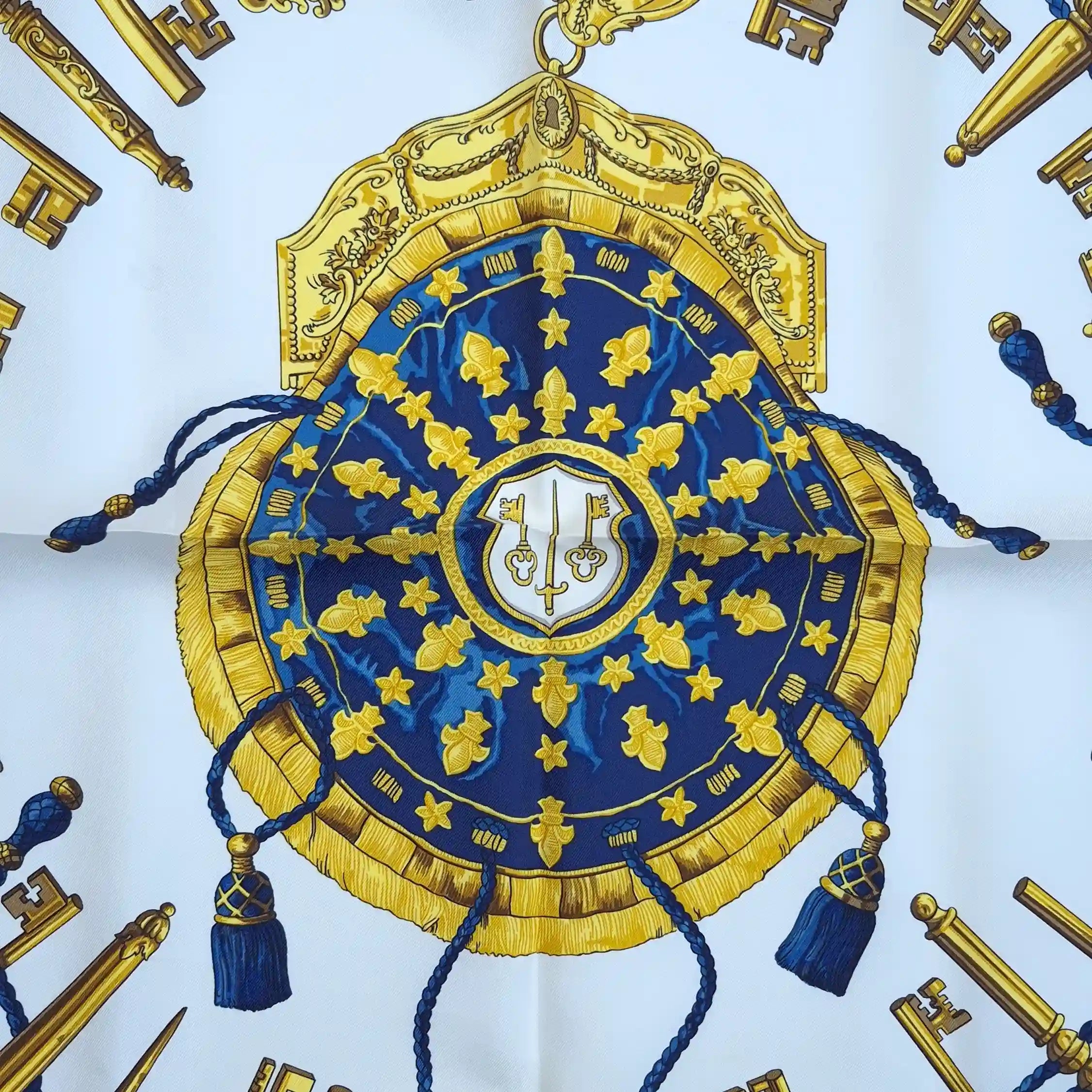 hermes les cles caty latham 1963 silk scarf navy blue gold antique keys detail