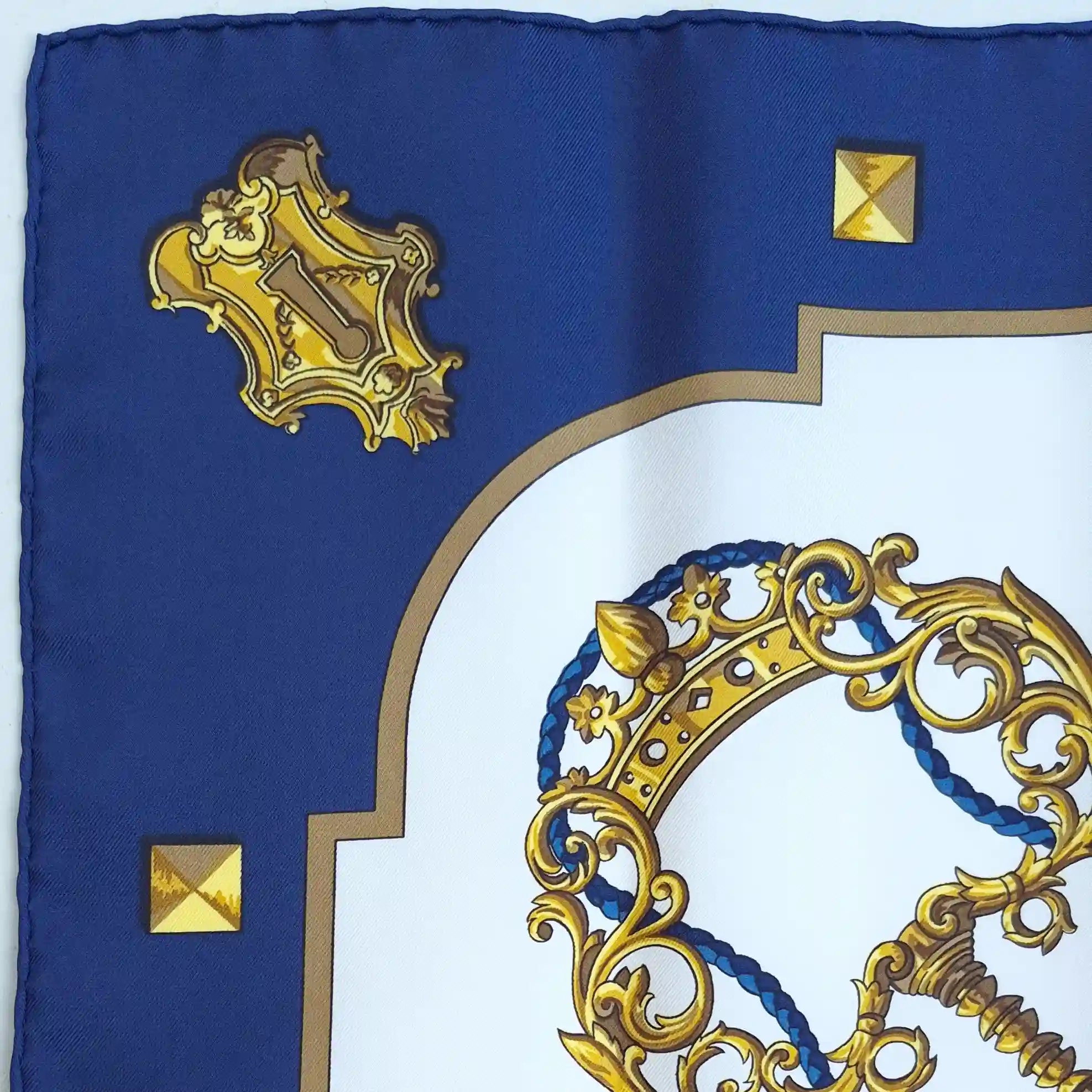 hermes les cles caty latham 1963 silk scarf navy blue gold antique keys detail