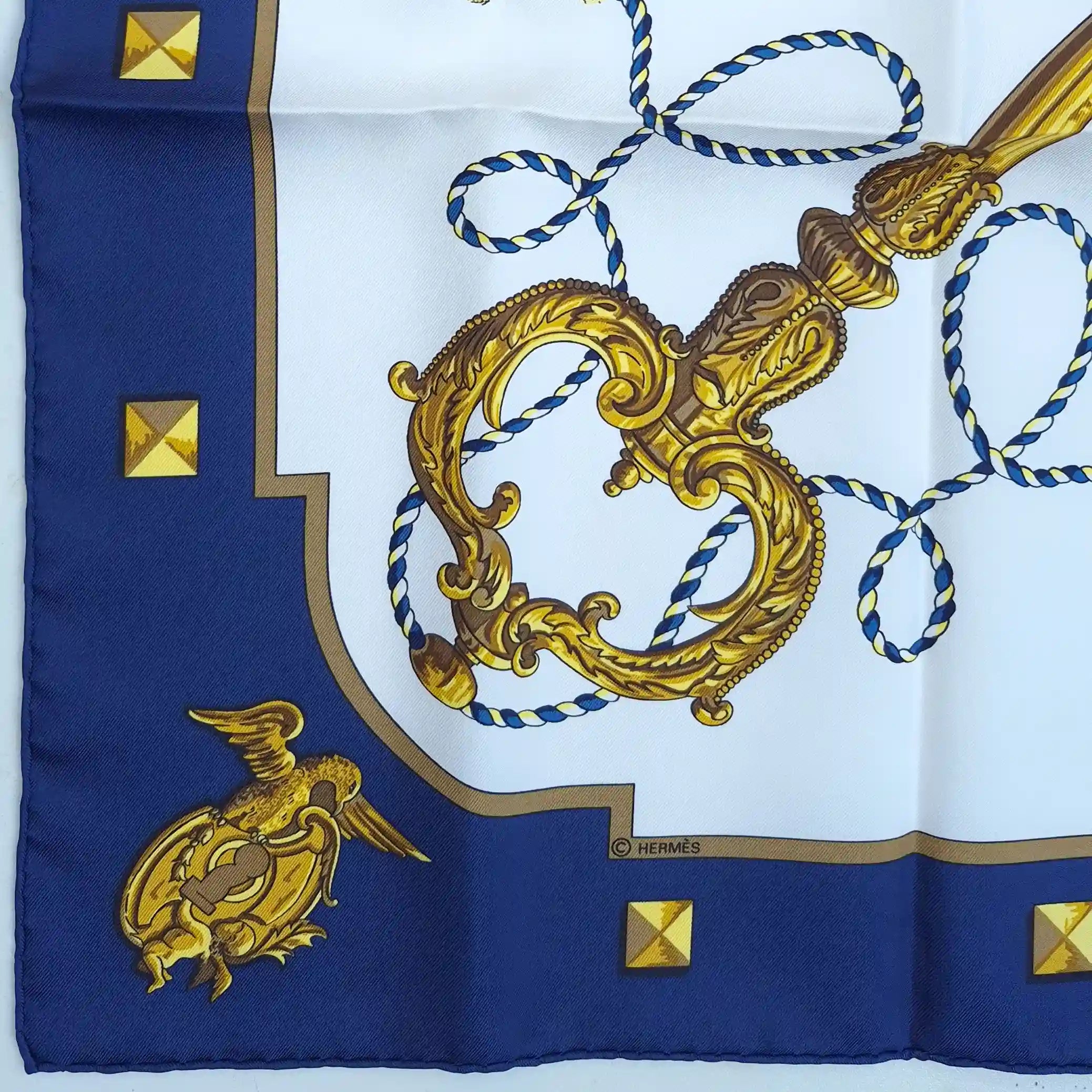 hermes les cles caty latham 1963 silk scarf navy blue gold antique keys detail