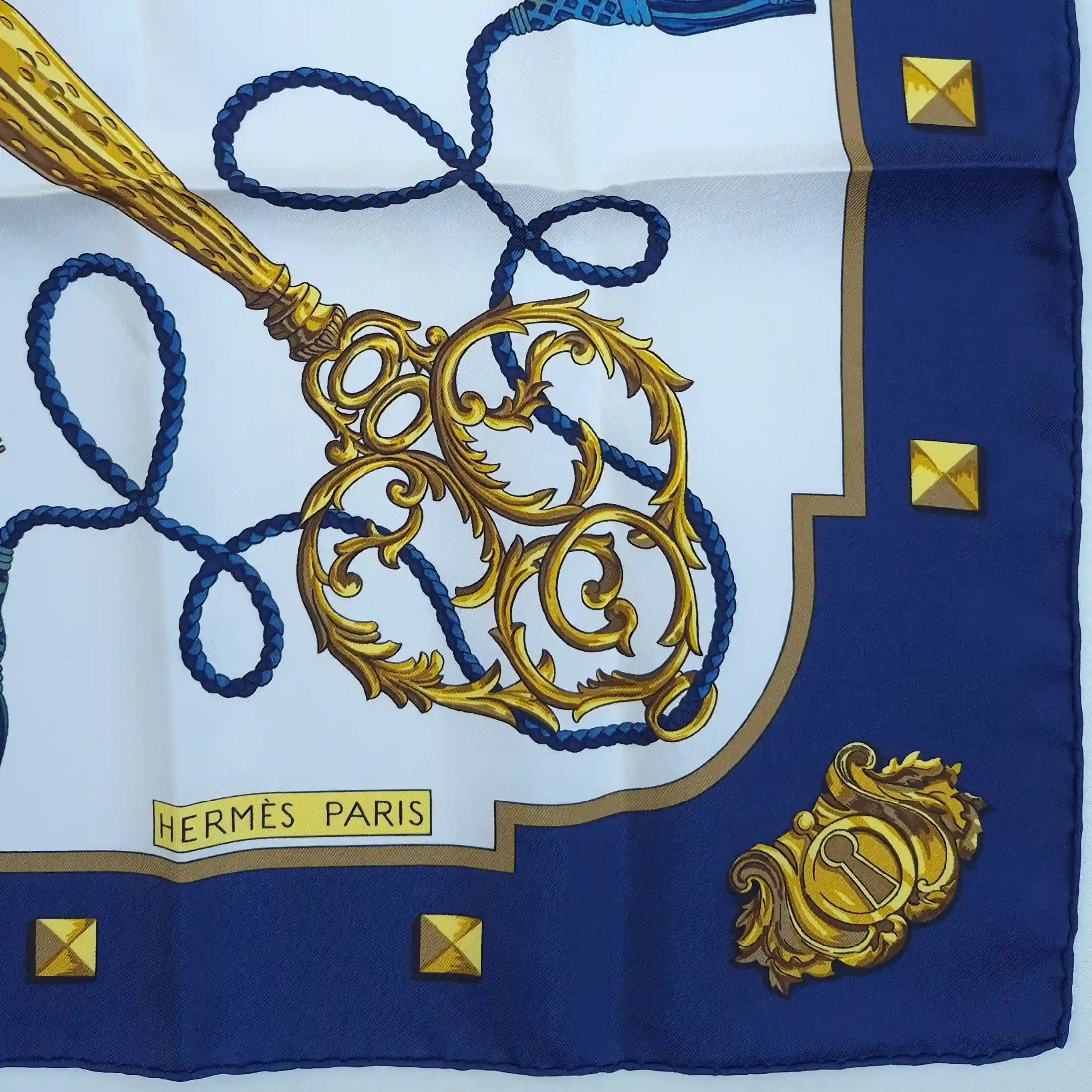 hermes les cles caty latham 1963 silk scarf navy blue gold antique keys detail