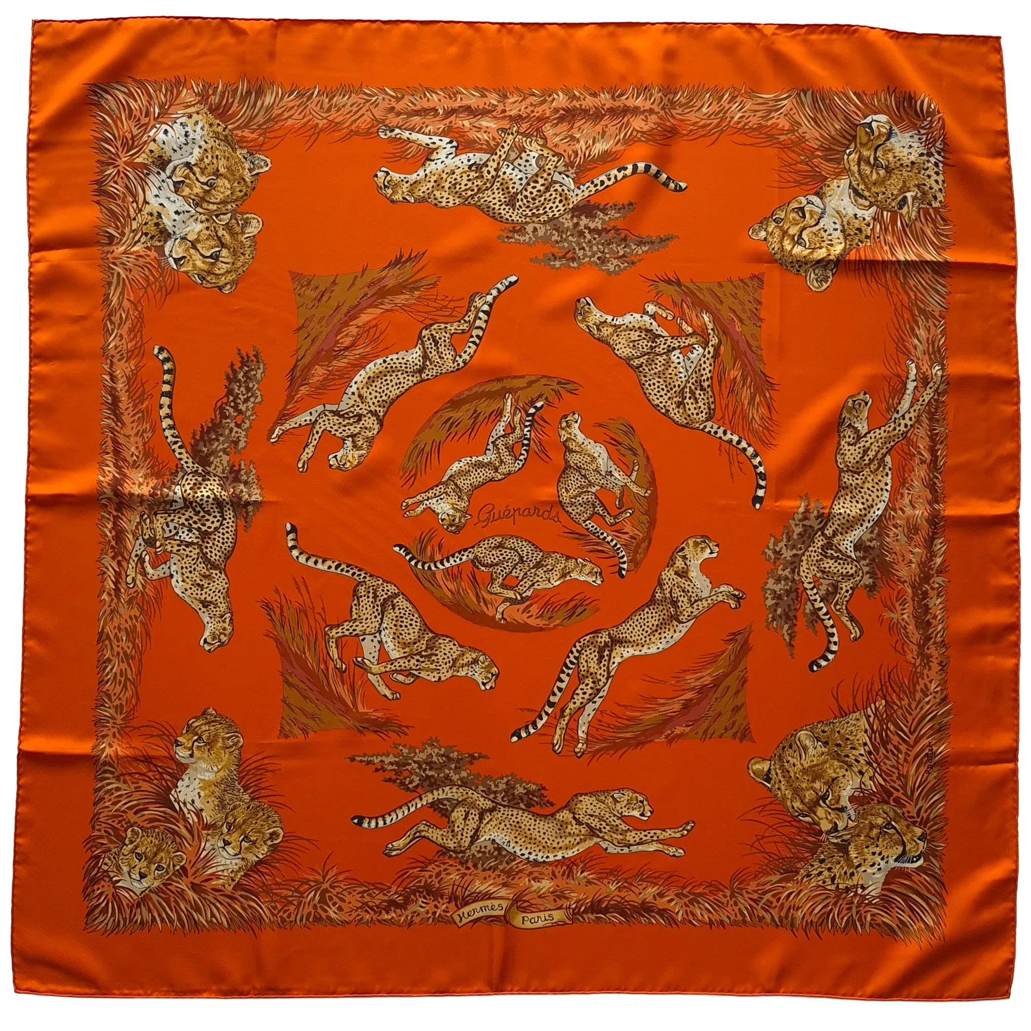 Hermès scarf Les Guépards Robert Dallet orange 90cm