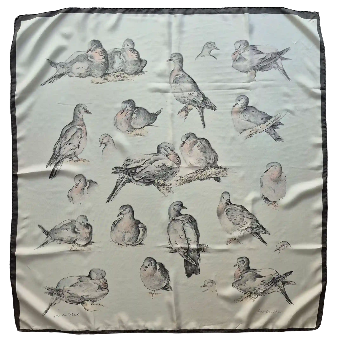 hermes les pigeons xavier de poret silk scarf grey pearl doves naturalist 1956
