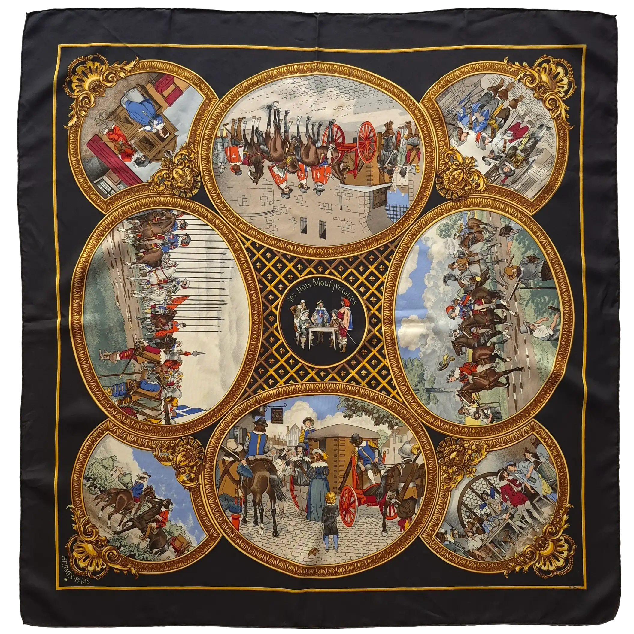 Hermès scarf Les Trois Mousquetaires black silk 90cm Rybaltchenko