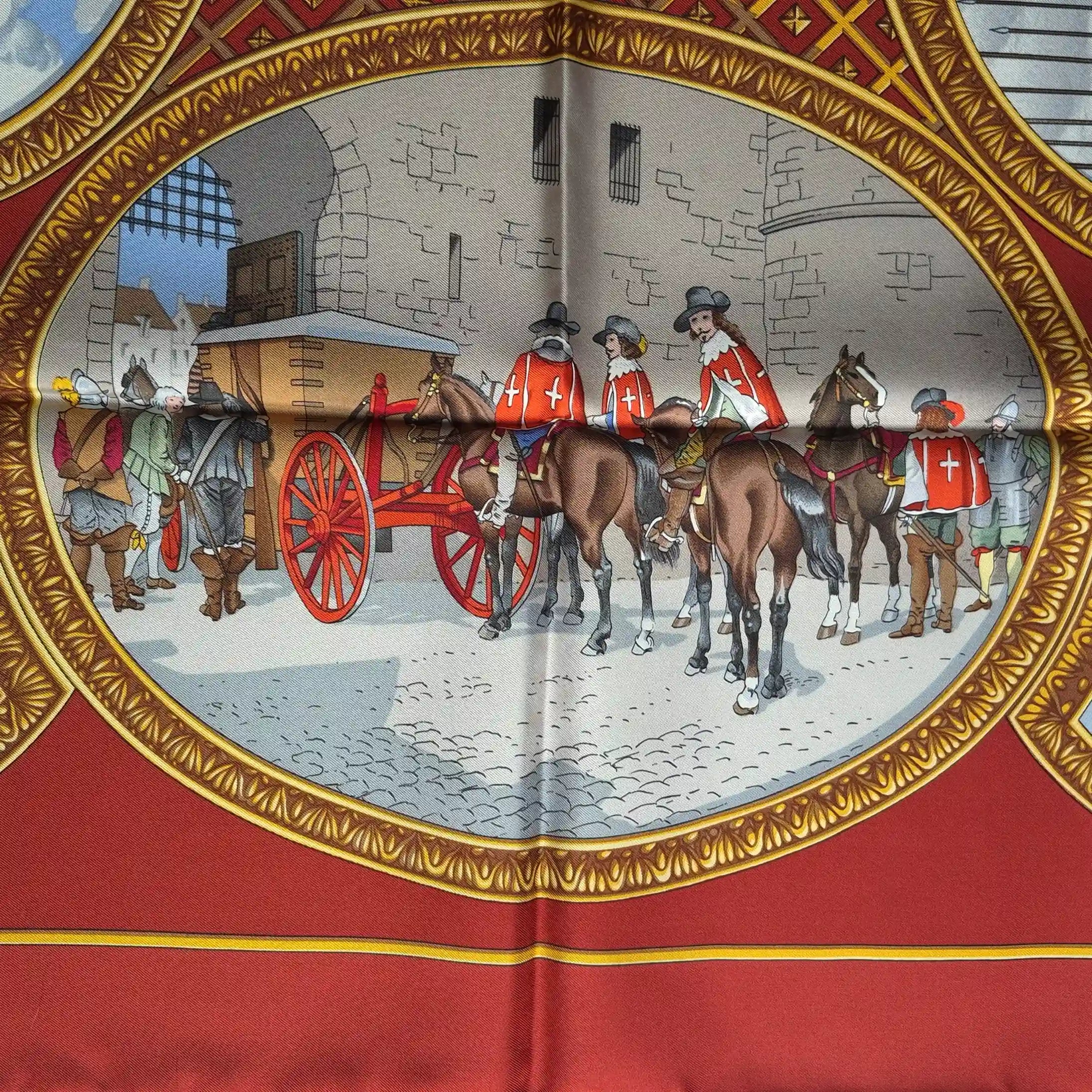 Hermès scarf Les Trois Mousquetaires red silk 90cm Rybaltchenko detail
