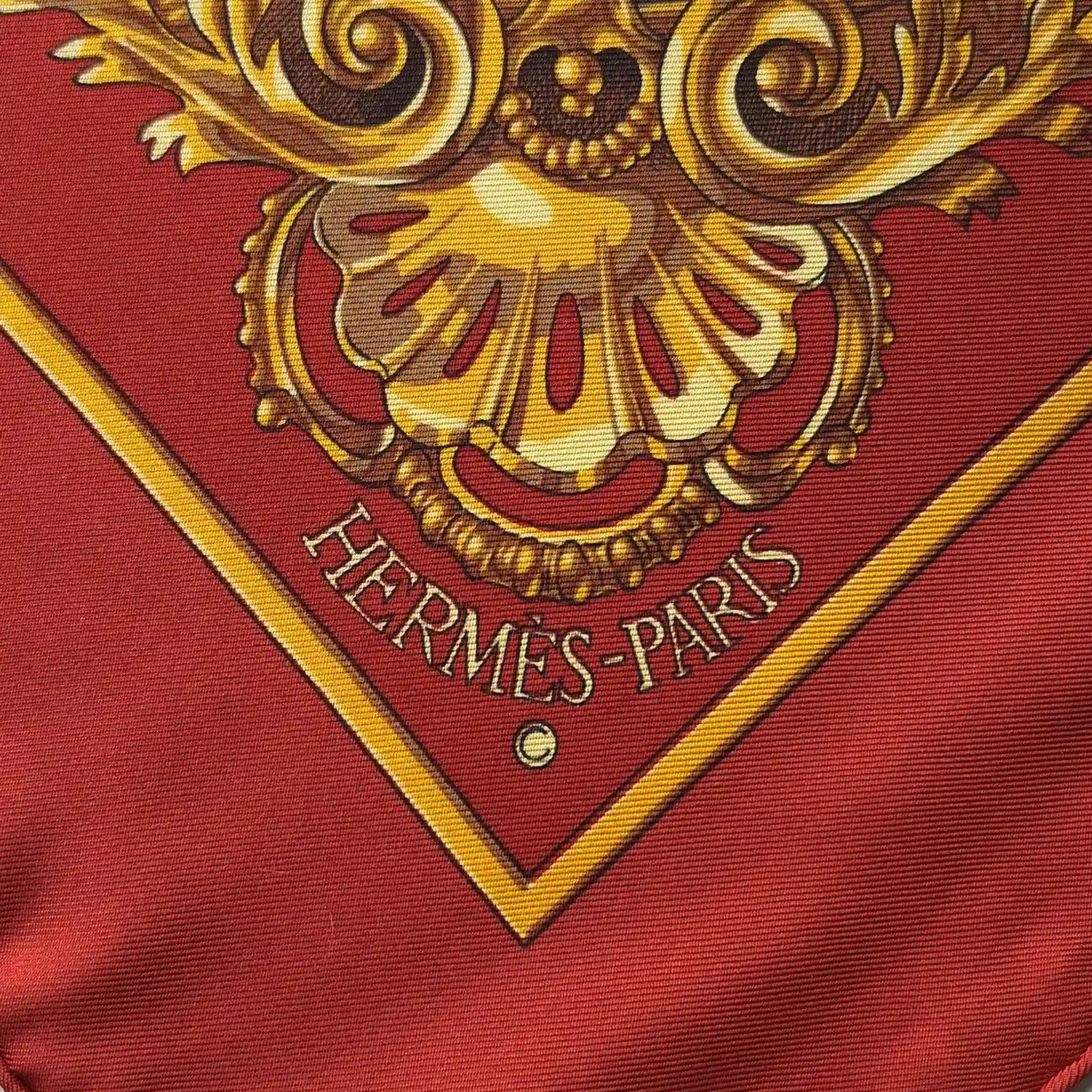 Hermès scarf Les Trois Mousquetaires red silk 90cm Rybaltchenko detail