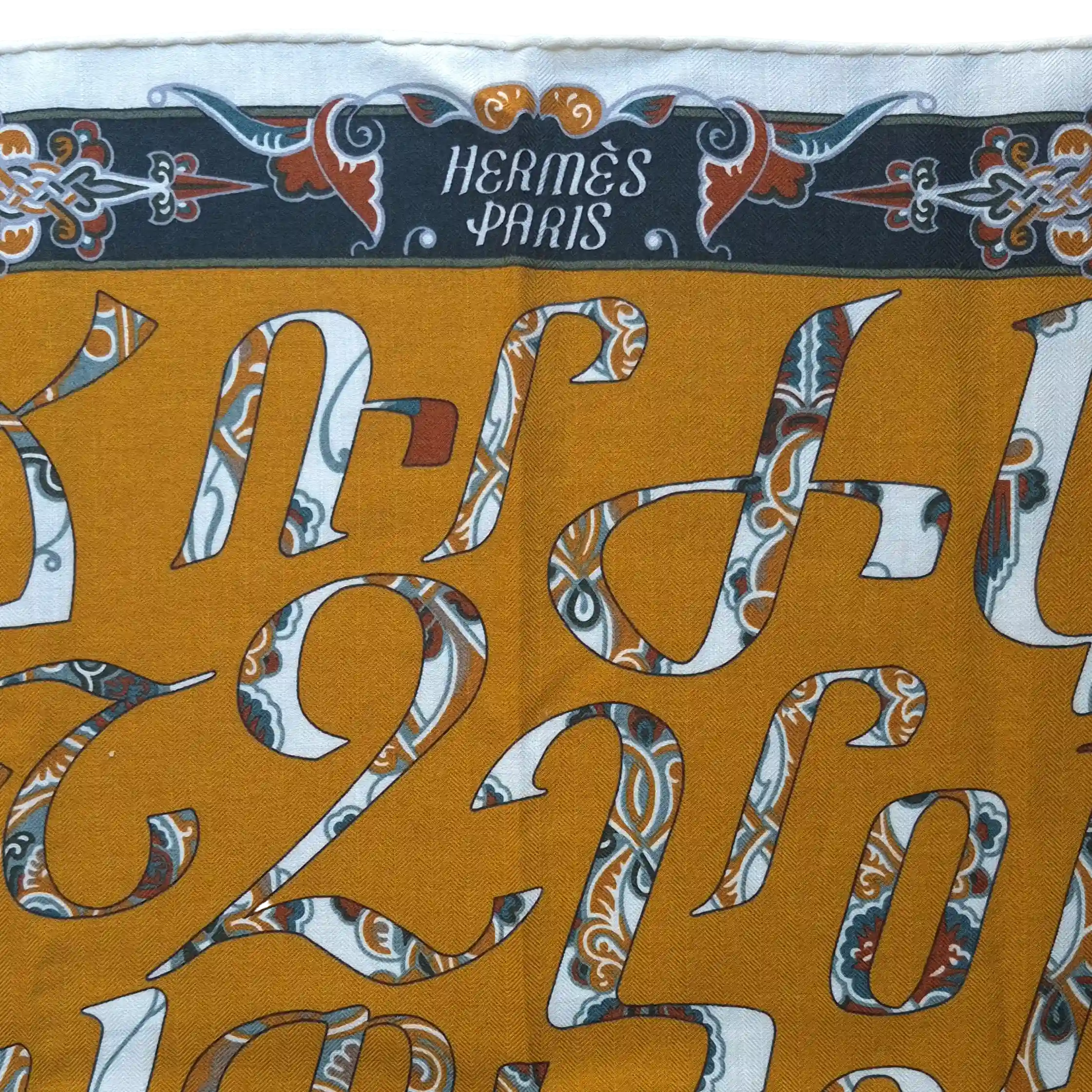 hermes lettres d erevan petrossian cashmere silk shawl yellow armenian alphabet detail