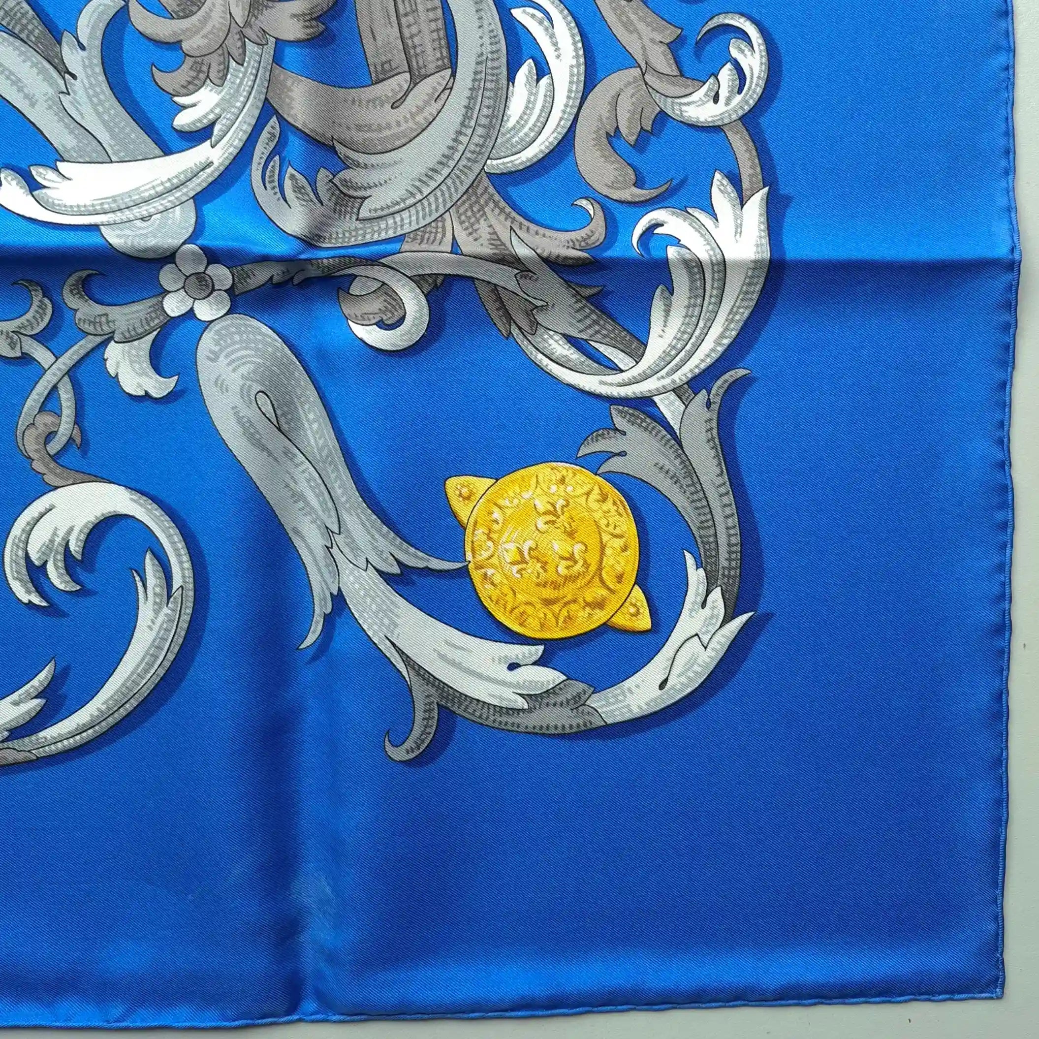 hermes mors a la connetable henri d'origny silk scarf blue gold equestrian detail