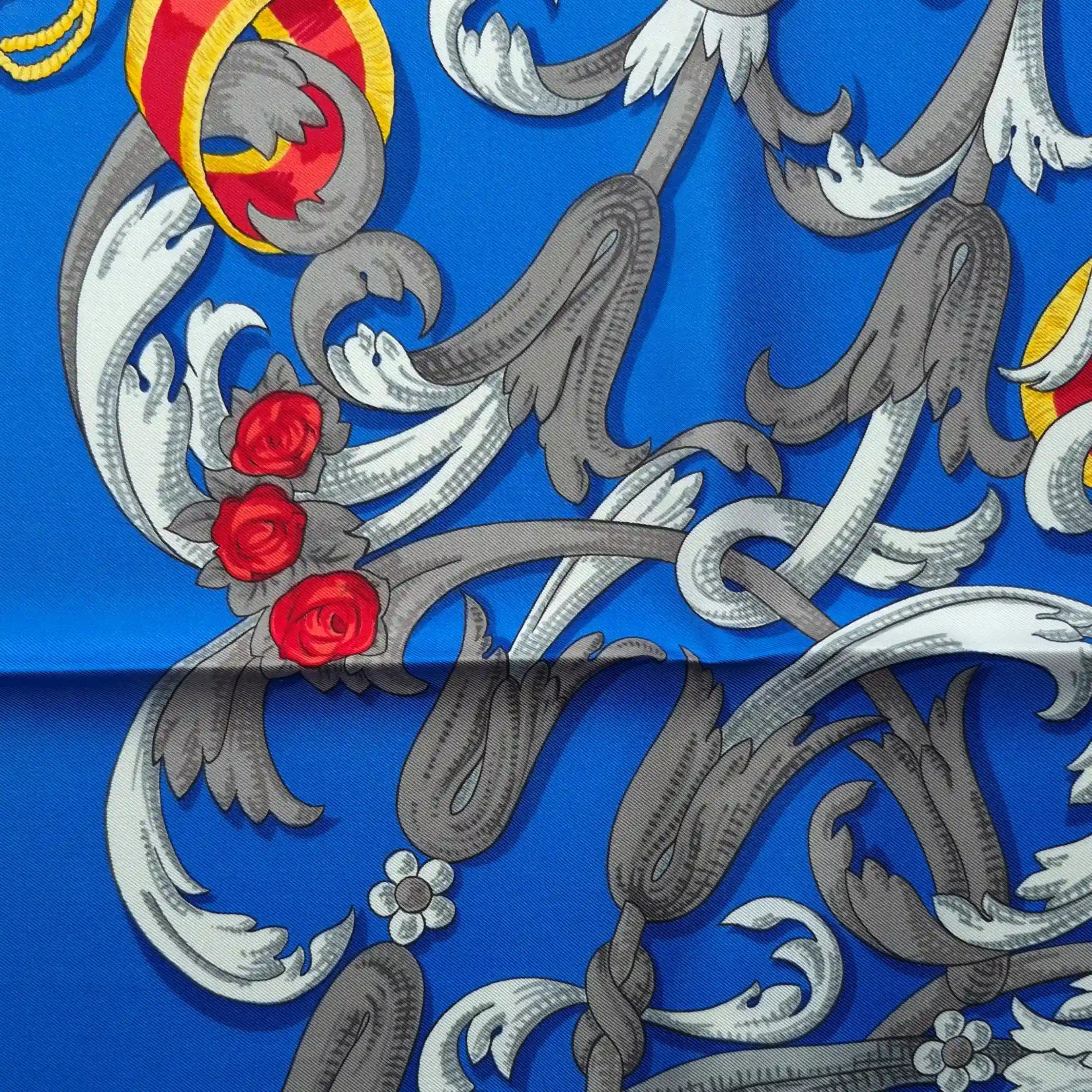 hermes mors a la connetable henri d'origny silk scarf blue gold equestrian detail