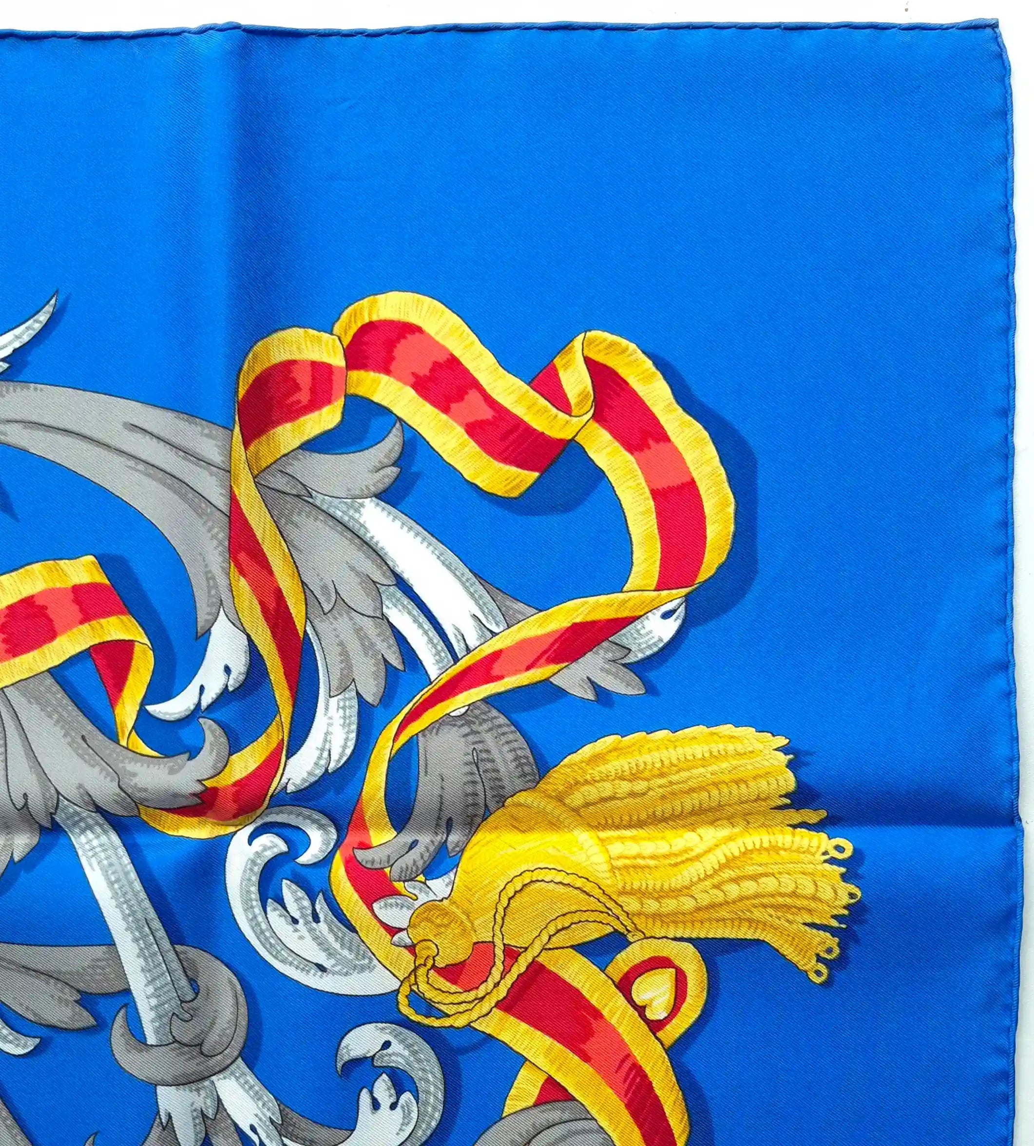 hermes mors a la connetable henri d'origny silk scarf blue gold equestrian detail