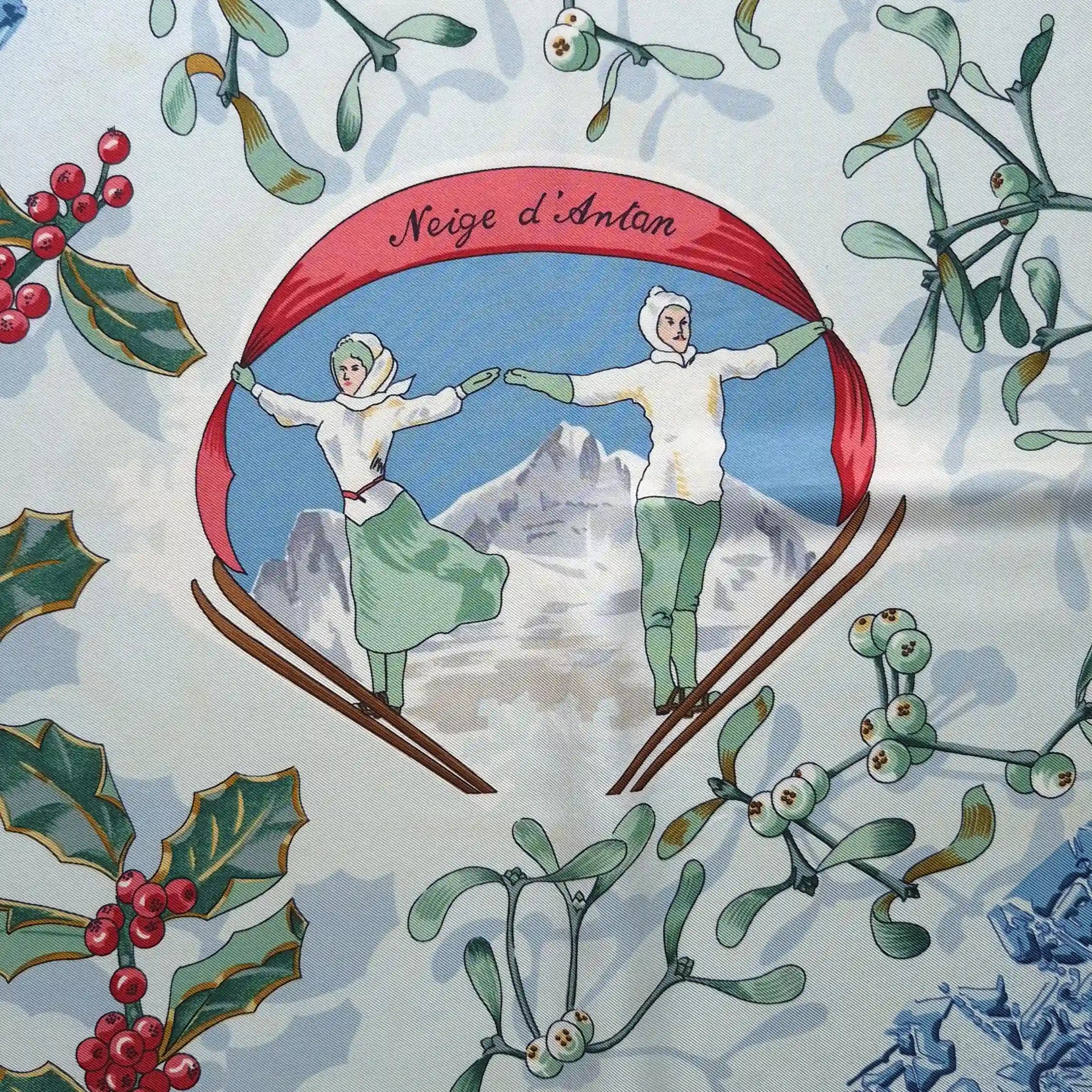 hermes neige d antan caty latham silk scarf blue winter holly skating blue