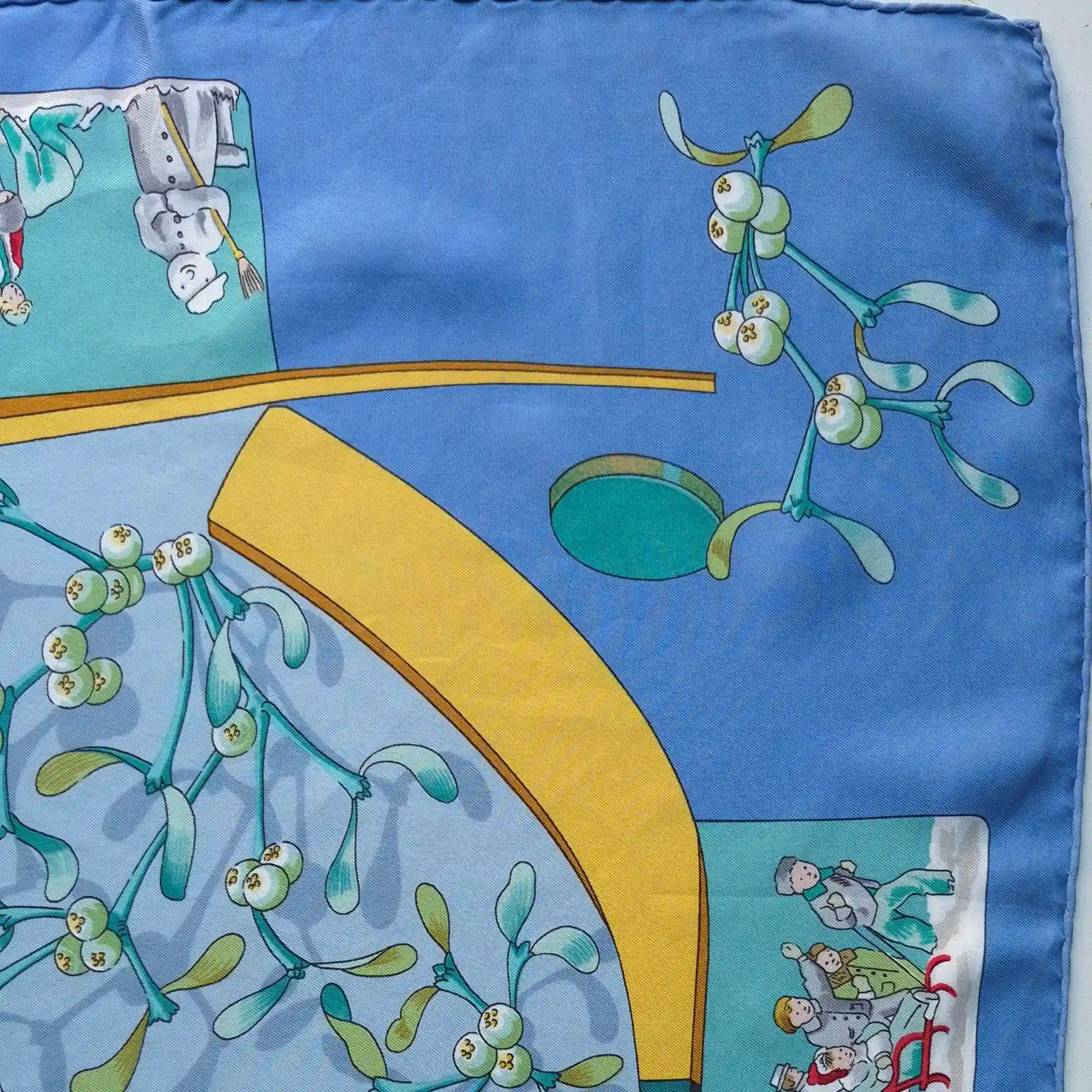 hermes neige d antan robert dallet silk scarf blue winter holly skating detail