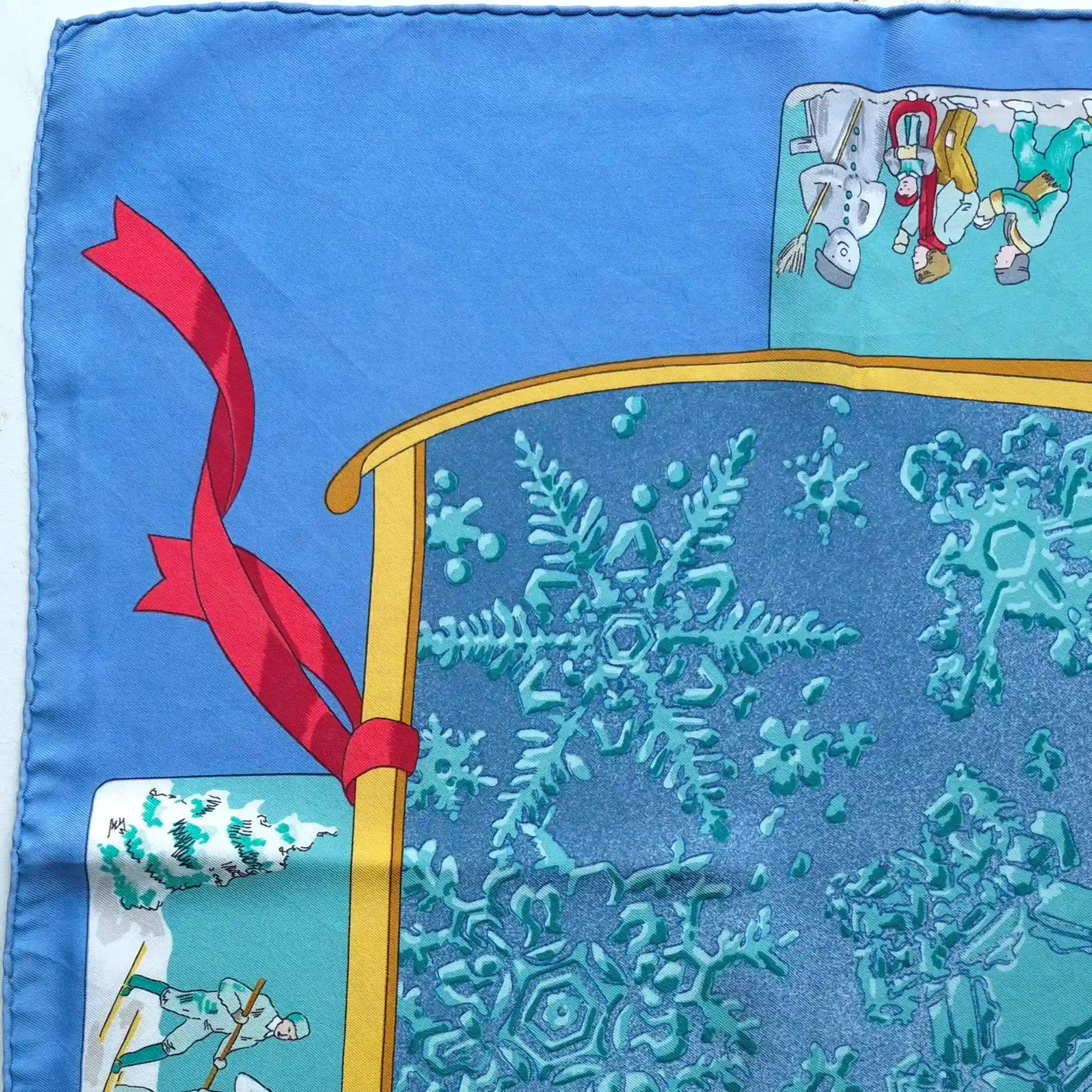 hermes neige d antan robert dallet silk scarf blue winter holly skating detail