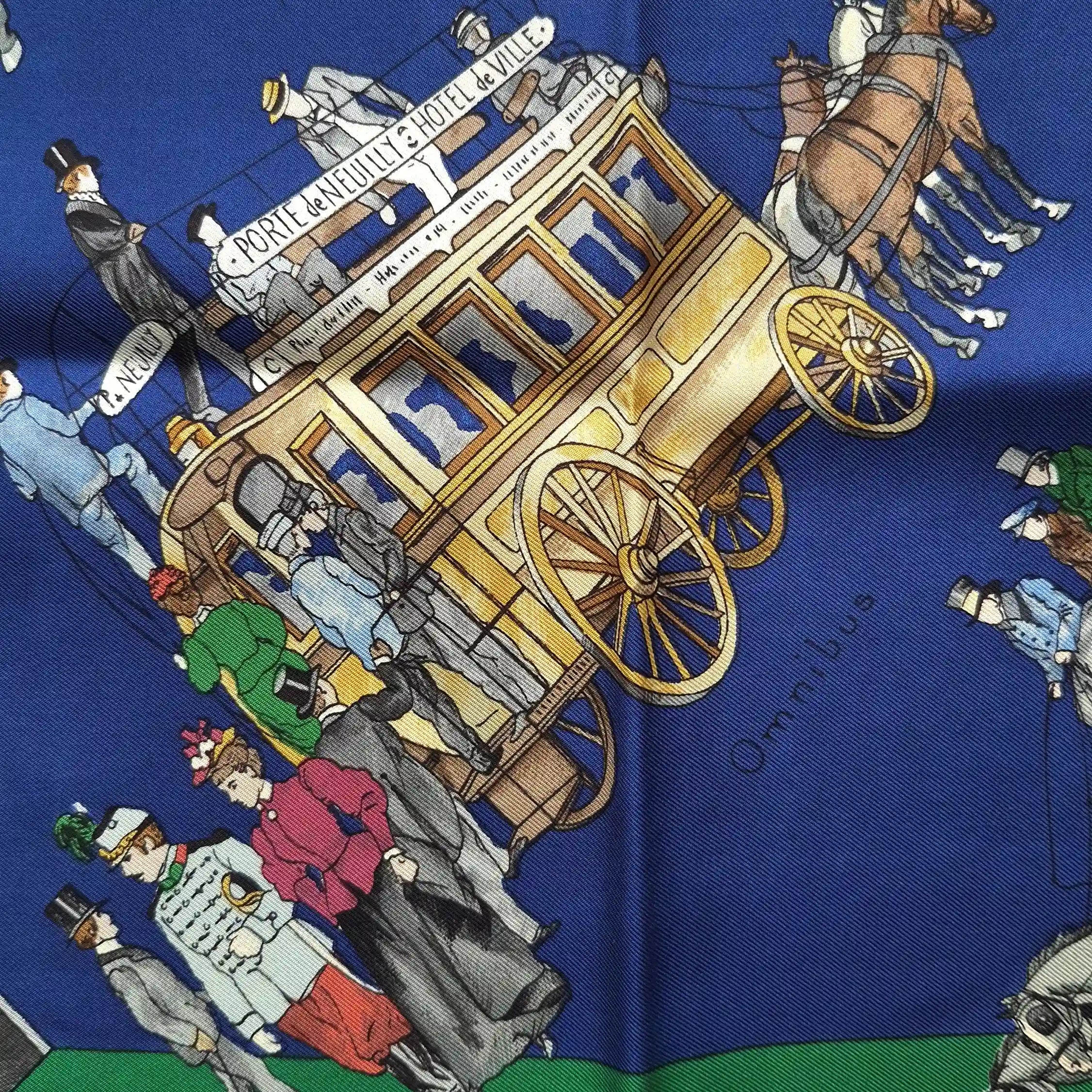 hermes omnibus et voitures de place philippe ledoux 1967 silk scarf green blue carriages paris detail