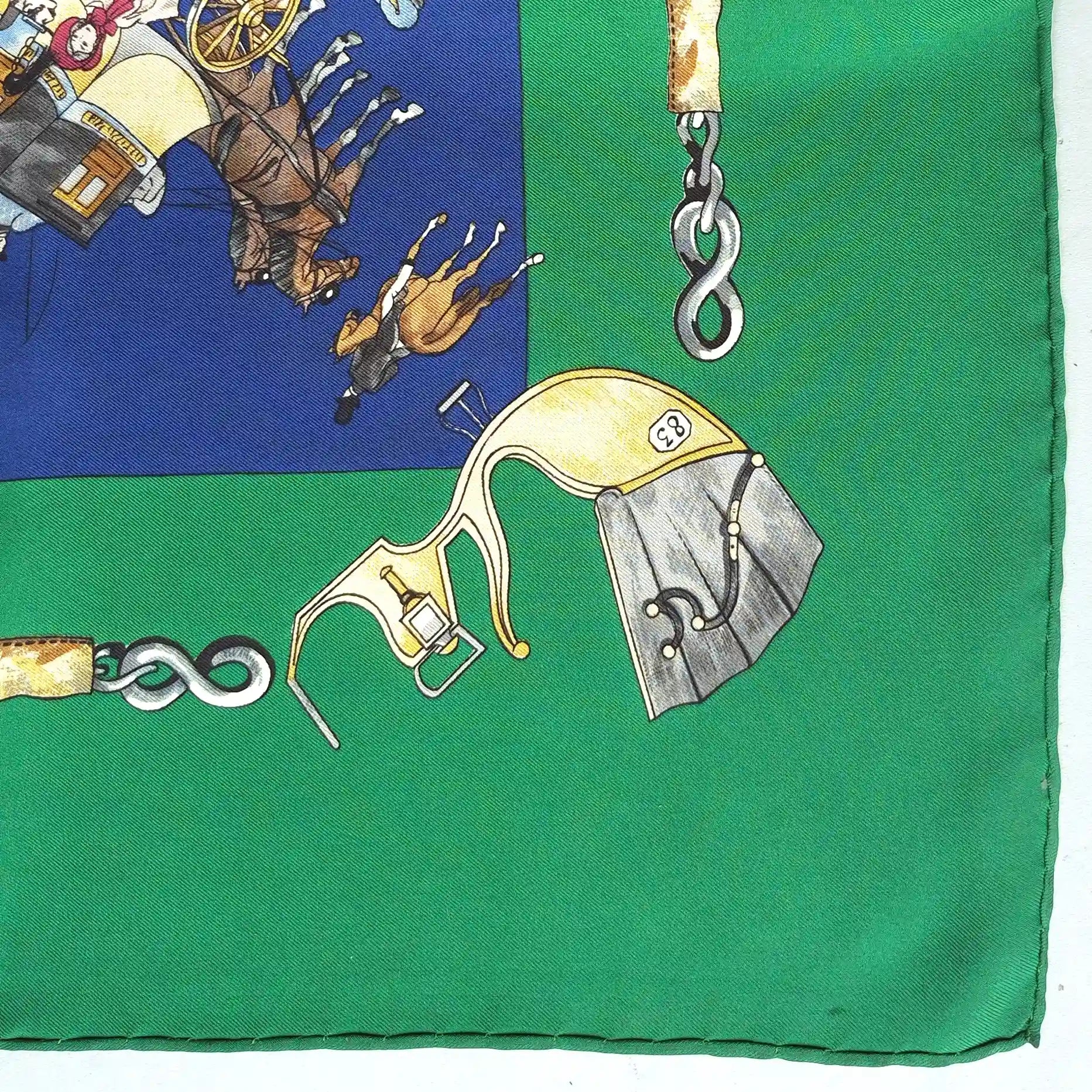 hermes omnibus et voitures de place philippe ledoux 1967 silk scarf green blue carriages paris detail