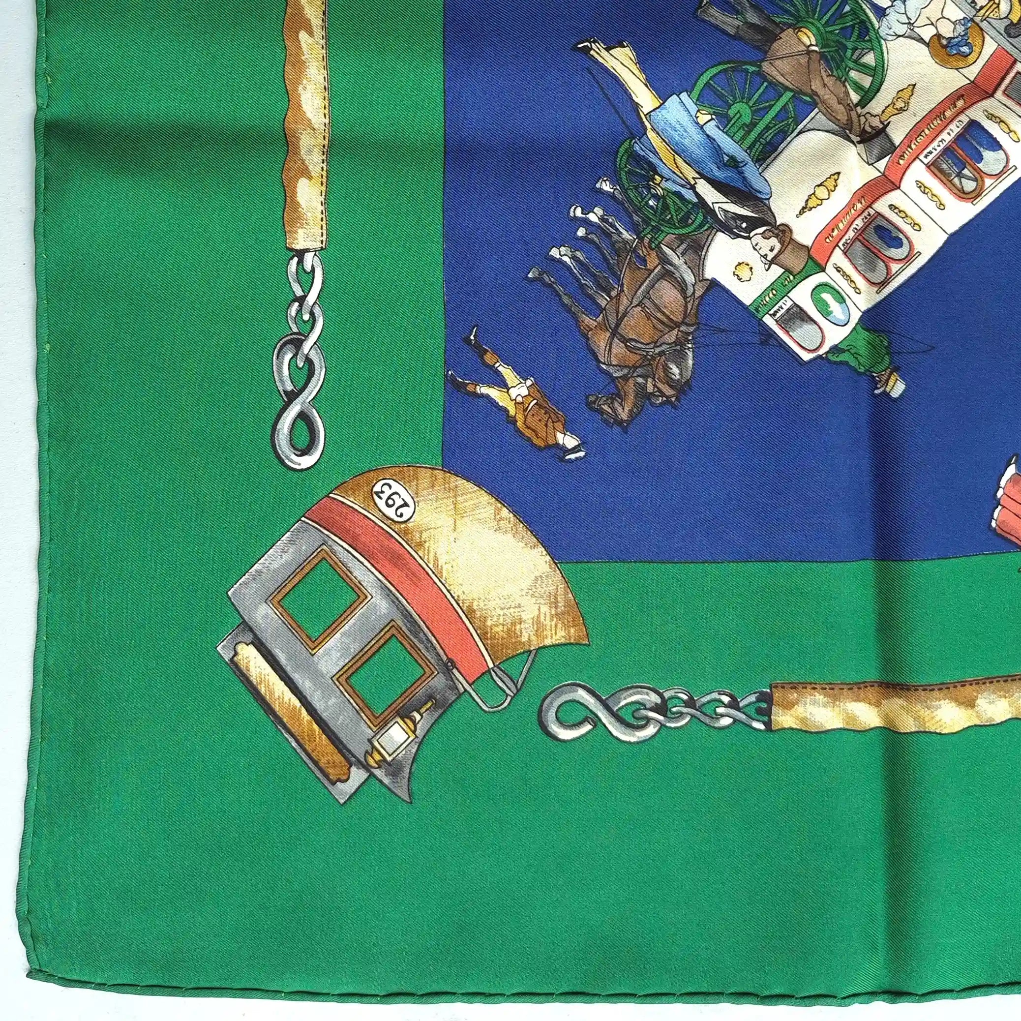 hermes omnibus et voitures de place philippe ledoux 1967 silk scarf green blue carriages paris detail