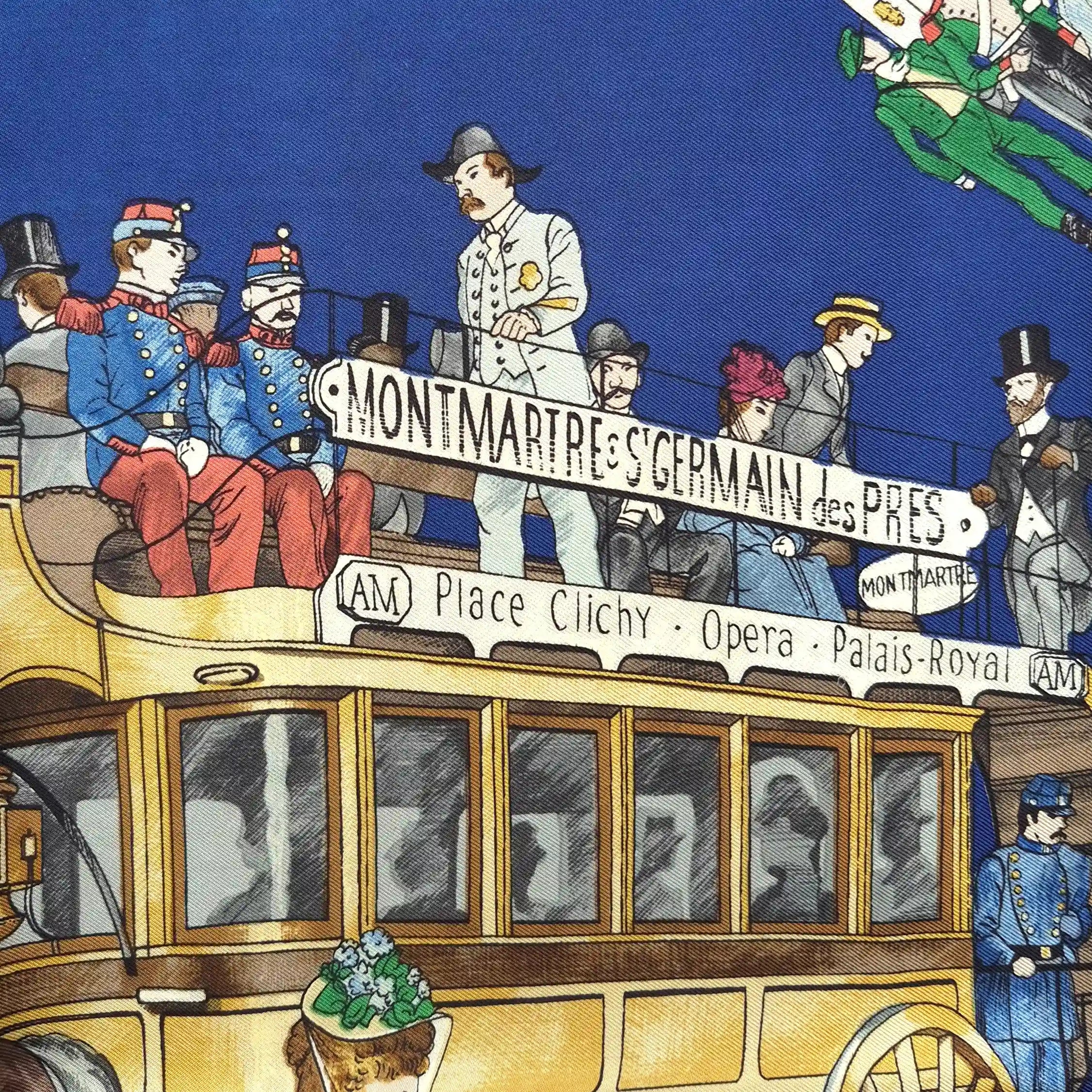 hermes omnibus et voitures de place philippe ledoux 1967 silk scarf green blue carriages paris detail