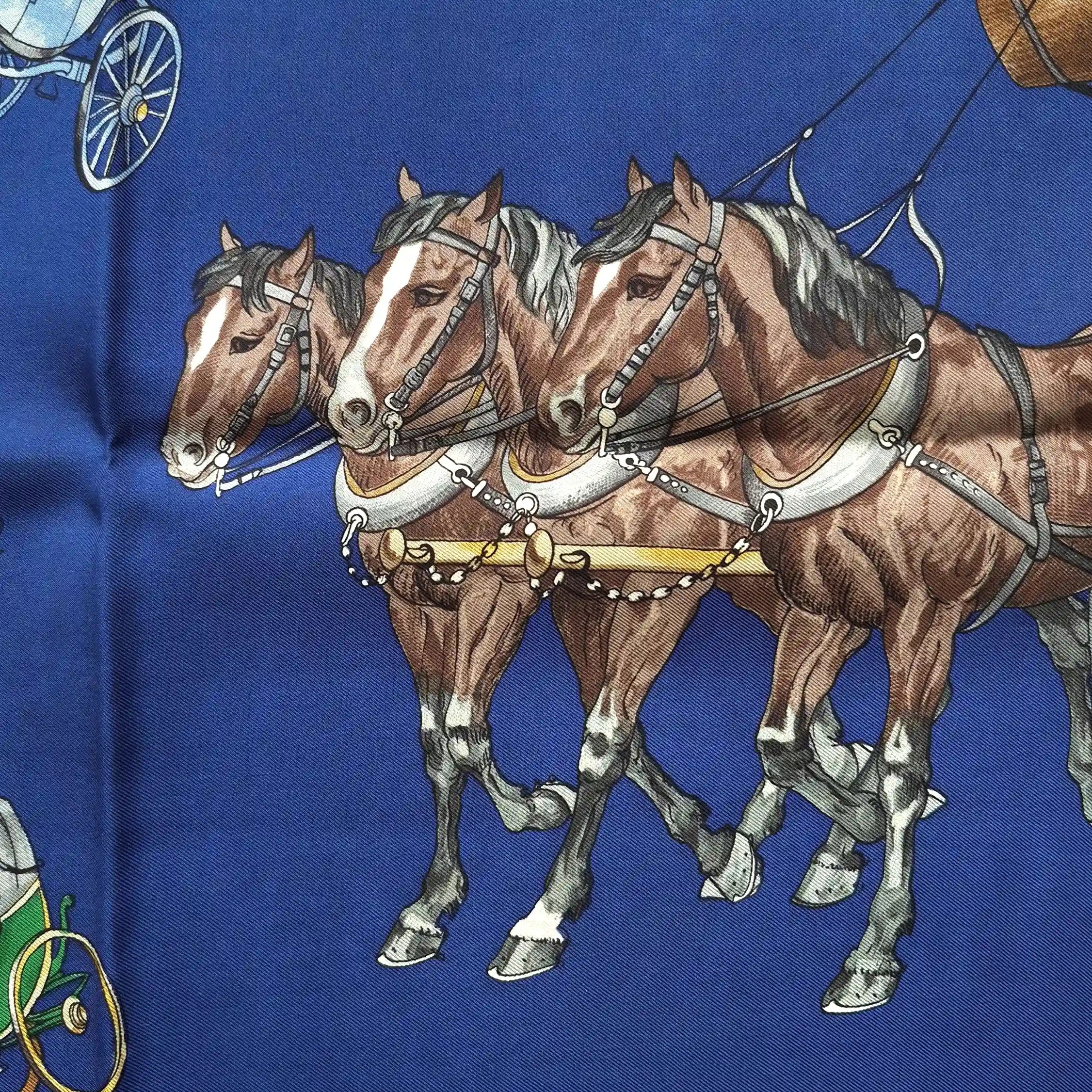 hermes omnibus et voitures de place philippe ledoux 1967 silk scarf green blue carriages paris detail