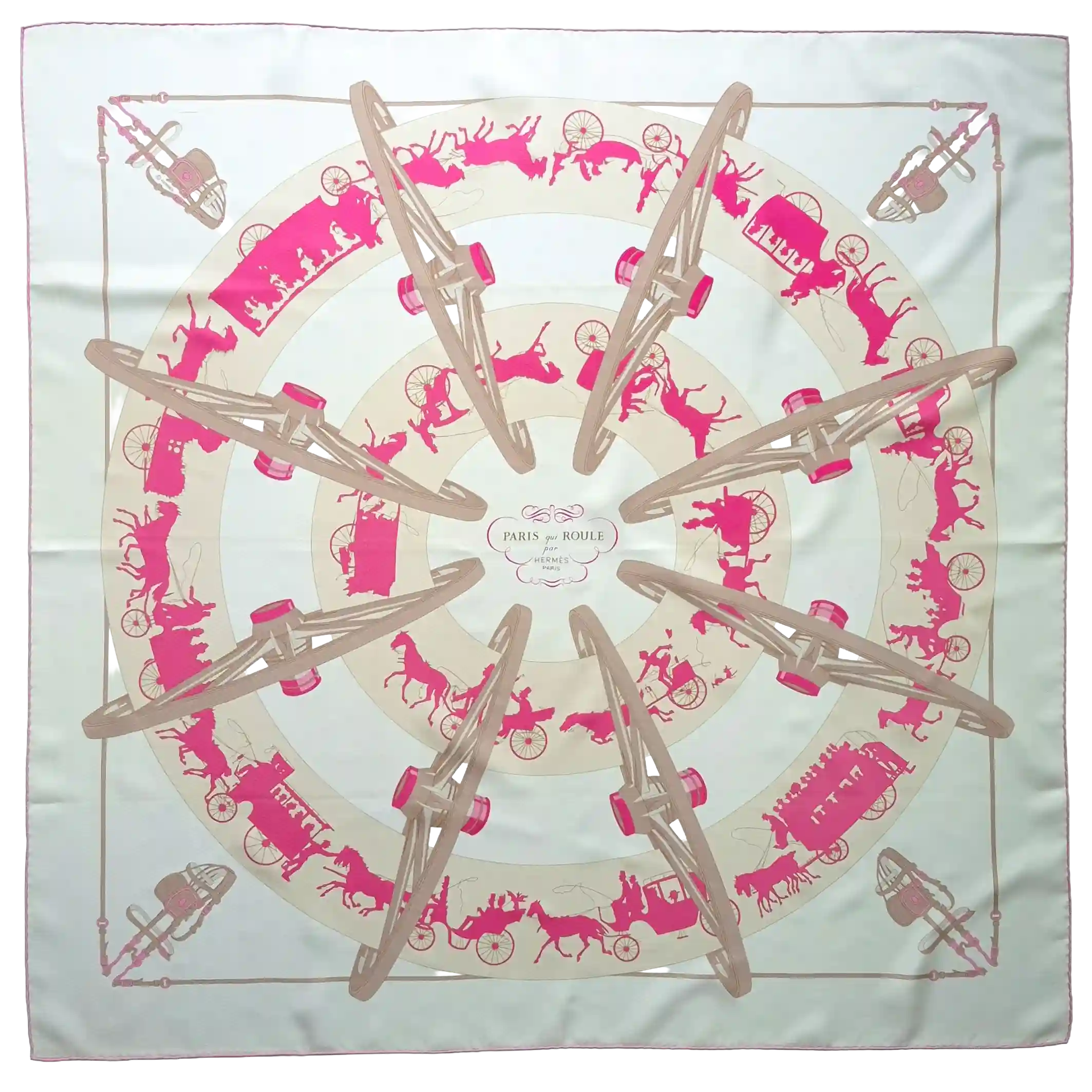 hermes paris qui roule hugo grygkar silk scarf white pink carriages paris