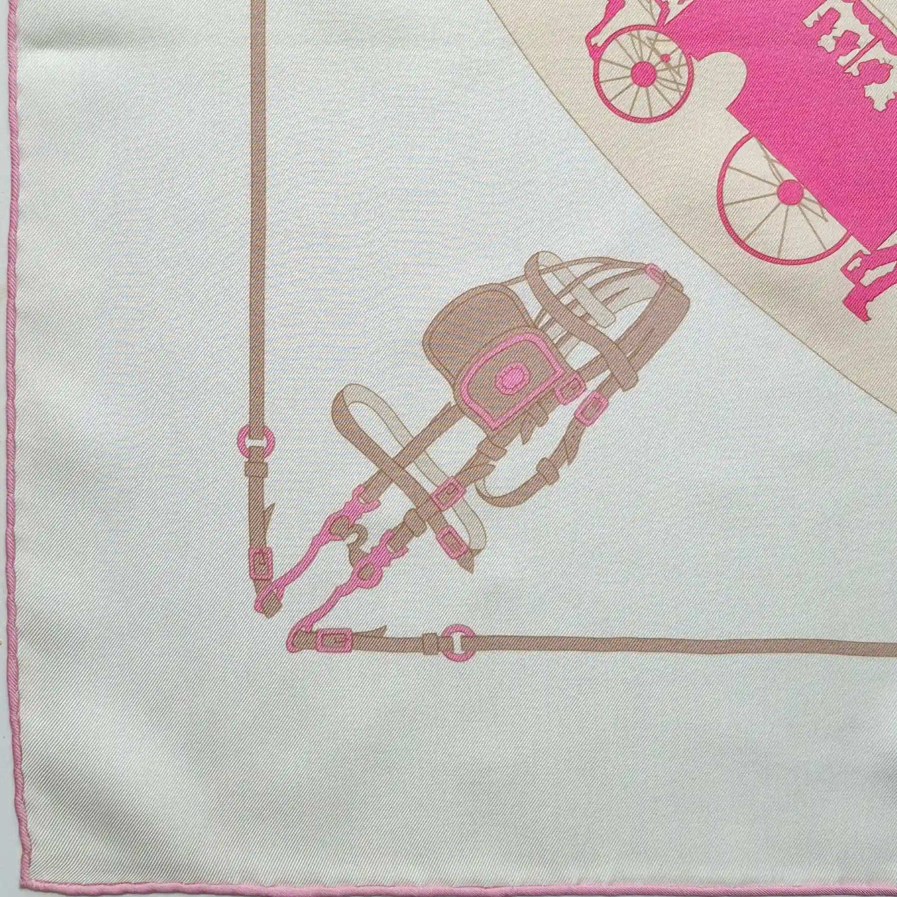 hermes paris qui roule hugo grygkar silk scarf white pink carriages paris detail