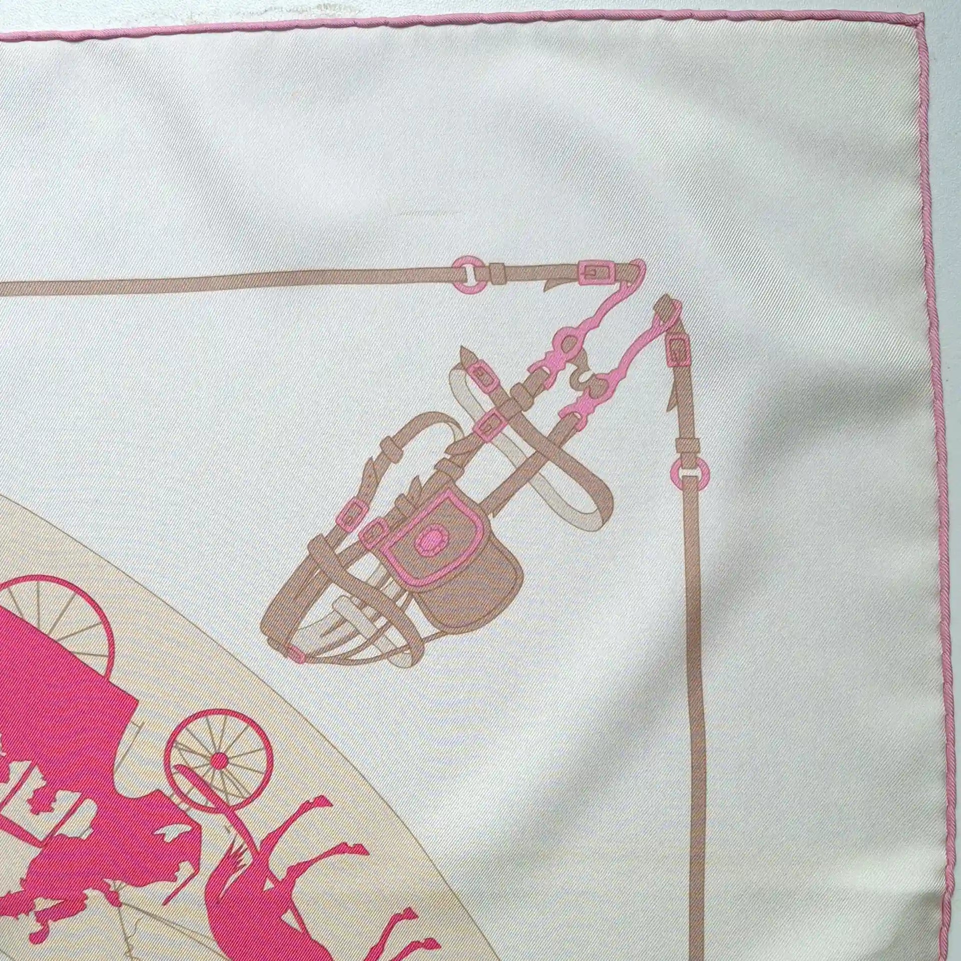 hermes paris qui roule hugo grygkar silk scarf white pink carriages paris detail