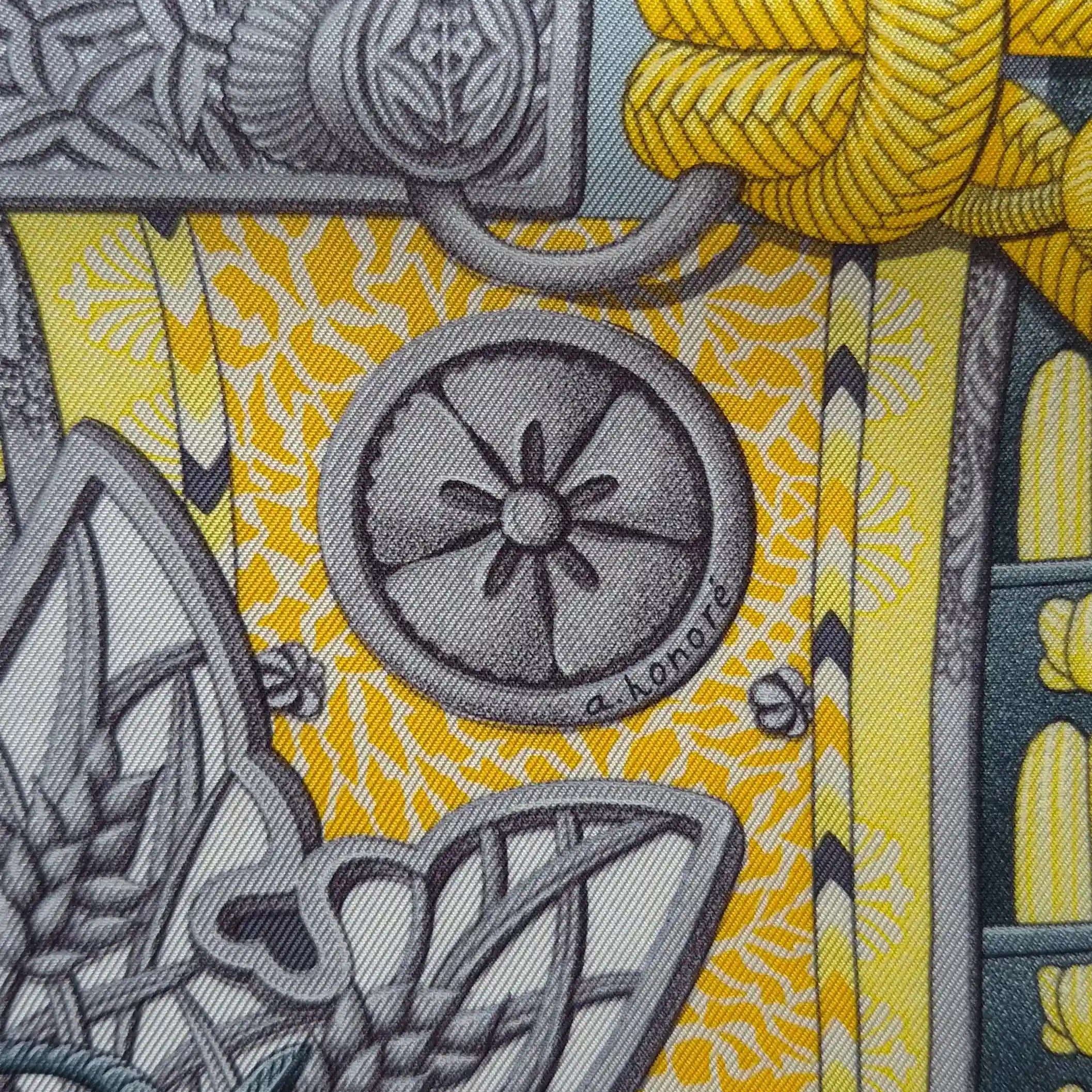 hermes parures des samourais aline honore silk scarf blue yellow japanese armor detail