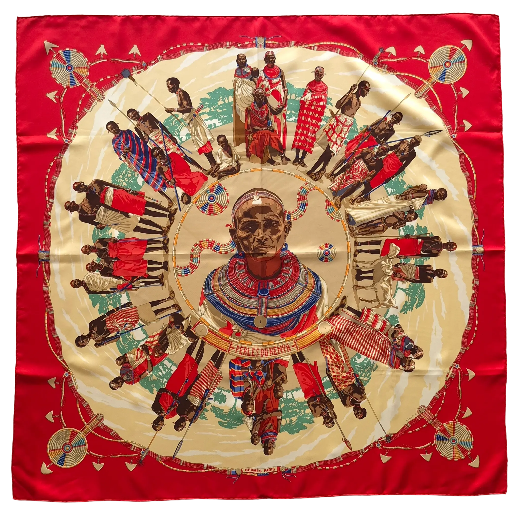 Hermès scarf Perles du Kenya Dimitri Rybaltchenko red ivory silk 90cm