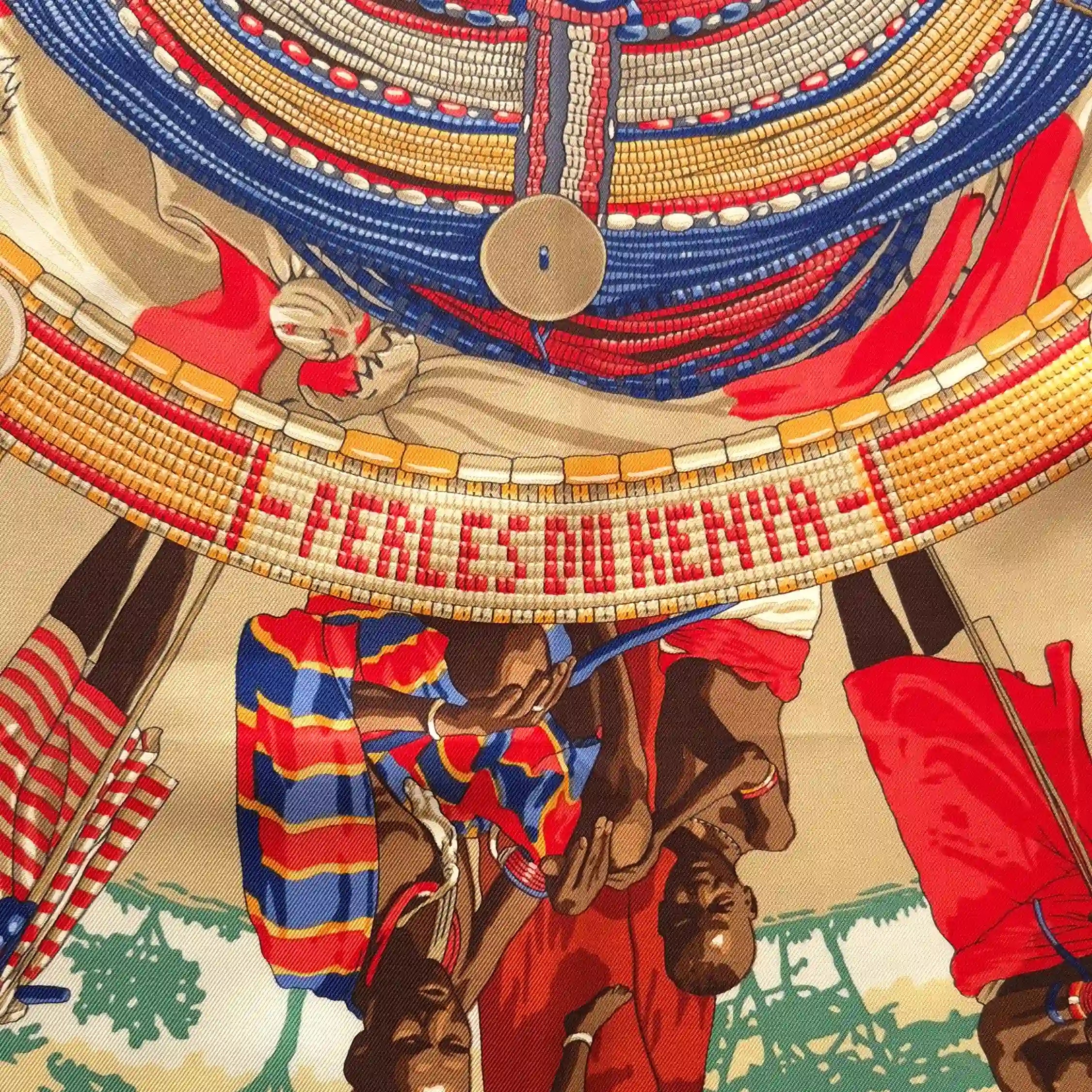 Hermès scarf Perles du Kenya Dimitri Rybaltchenko red ivory silk 90cm details 1