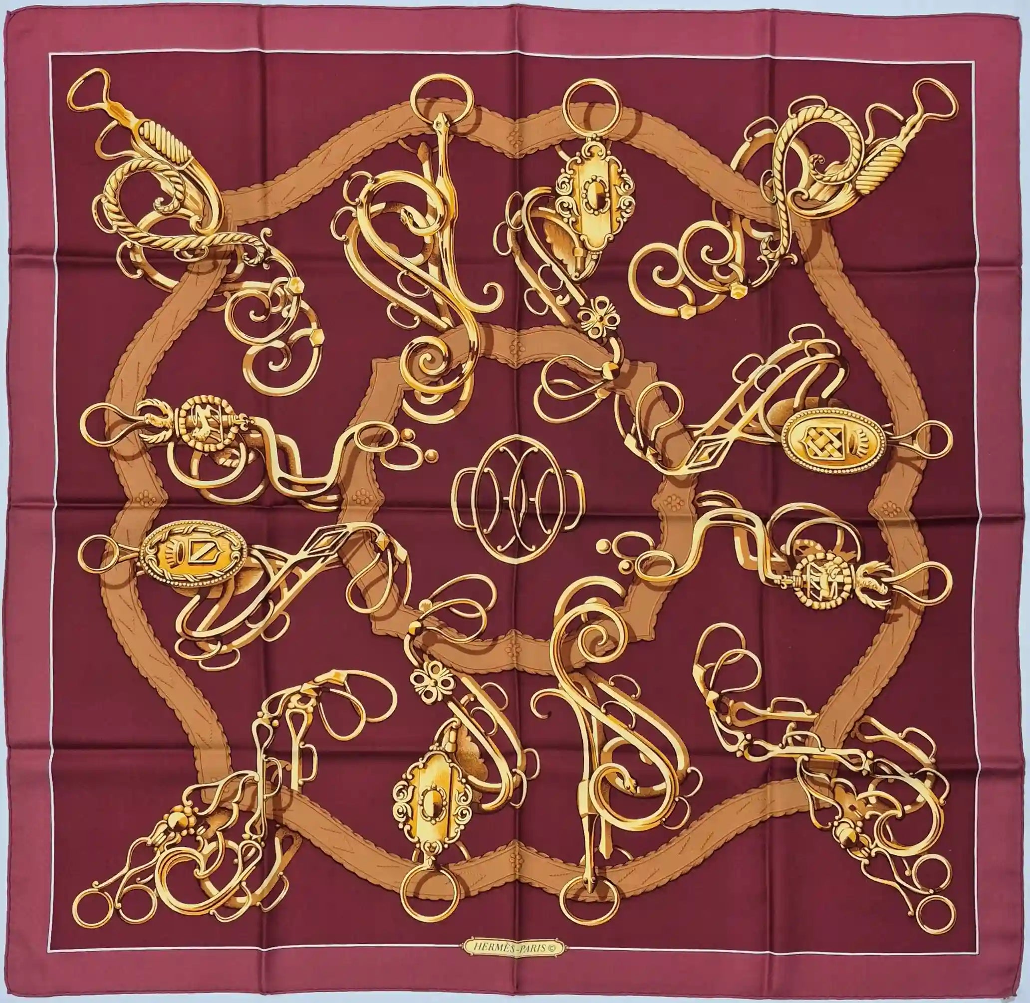 hermes profile shan merry silk scarf bordeaux gold equestrian harness 1974