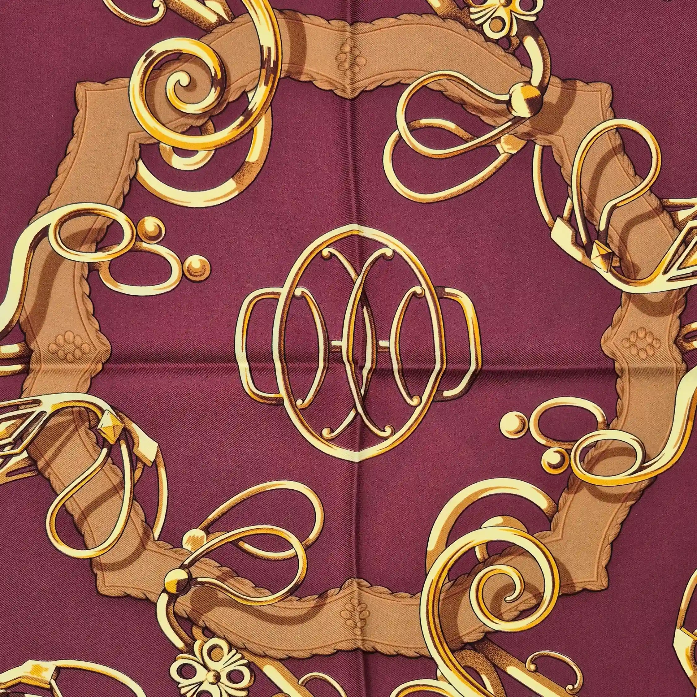 hermes profile shan merry silk scarf bordeaux gold equestrian harness 1974