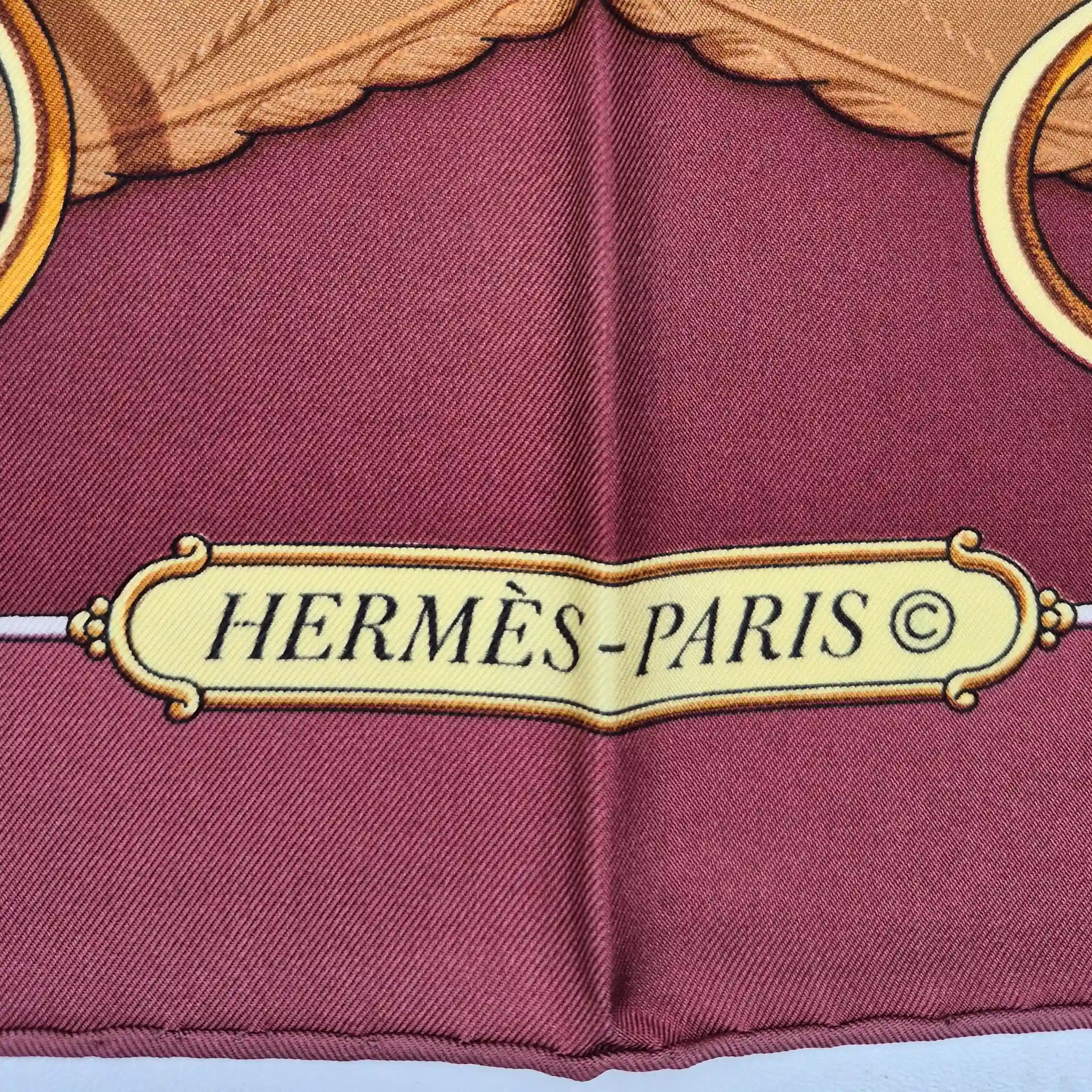 hermes profile shan merry silk scarf bordeaux gold equestrian harness 1974