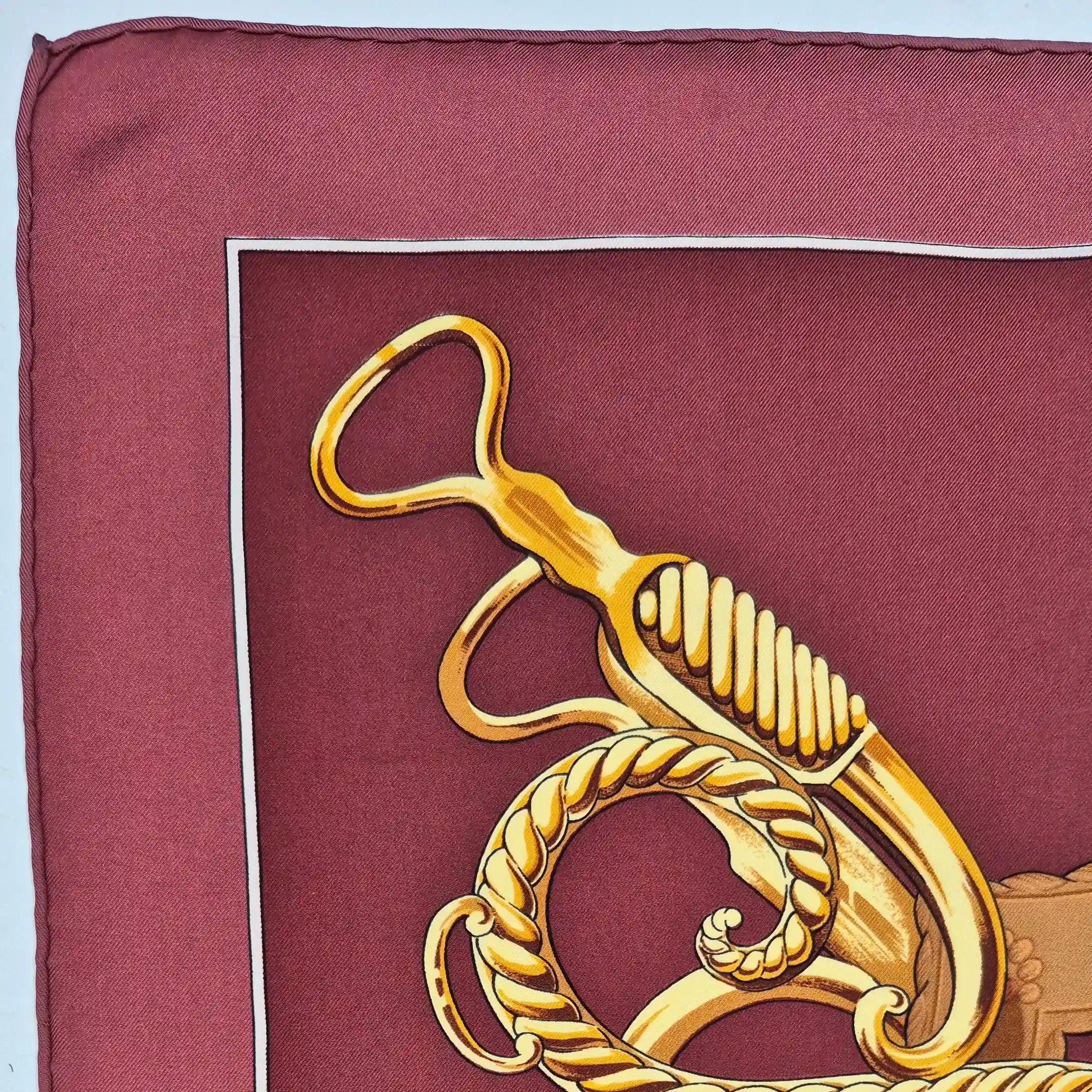 hermes profile shan merry silk scarf bordeaux gold equestrian harness 1974