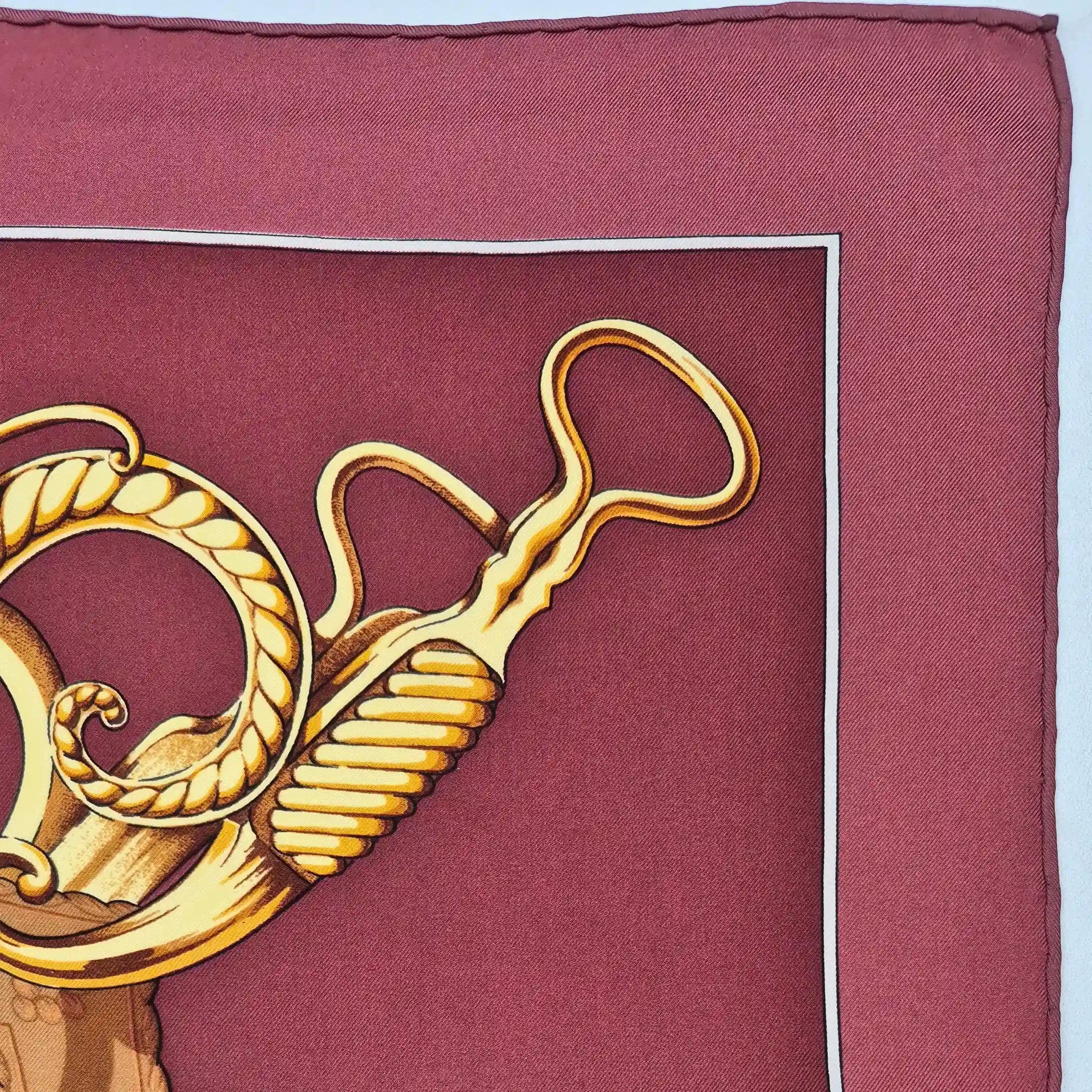 hermes profile shan merry silk scarf bordeaux gold equestrian harness 1974