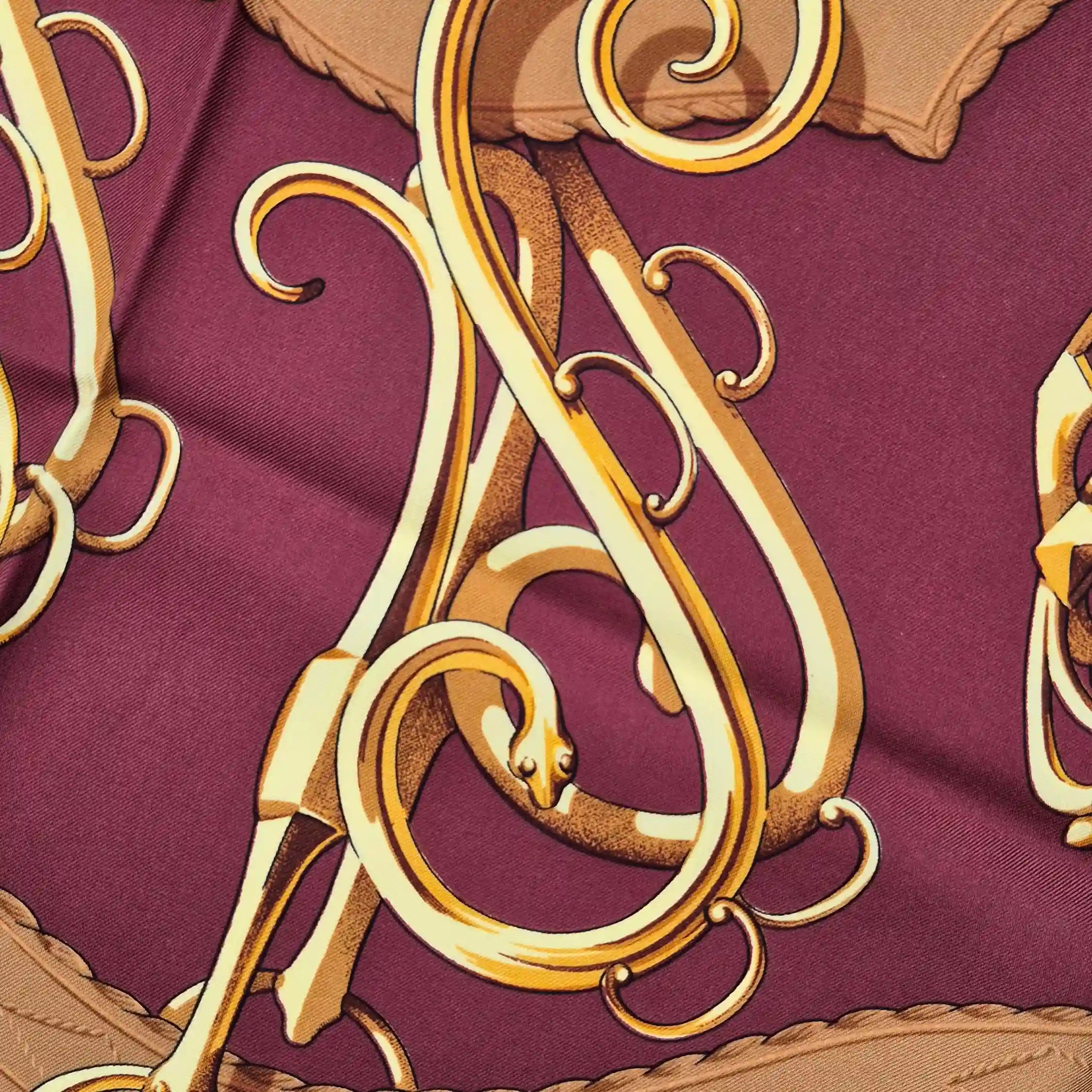 hermes profile shan merry silk scarf bordeaux gold equestrian harness 1974