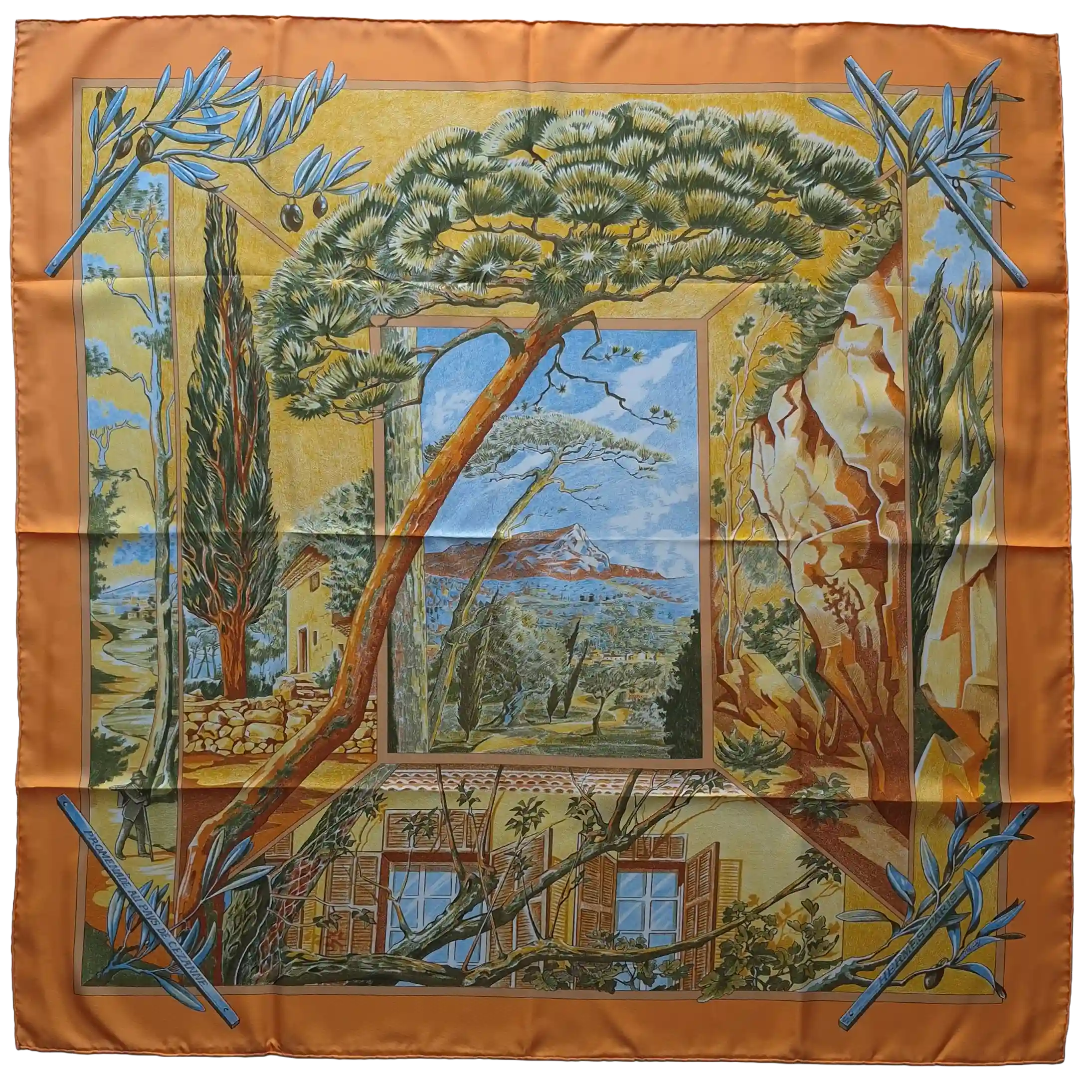 hermes promenade pays cezanne laurence bourthoumieux orange silk scarf 2006 limited edition