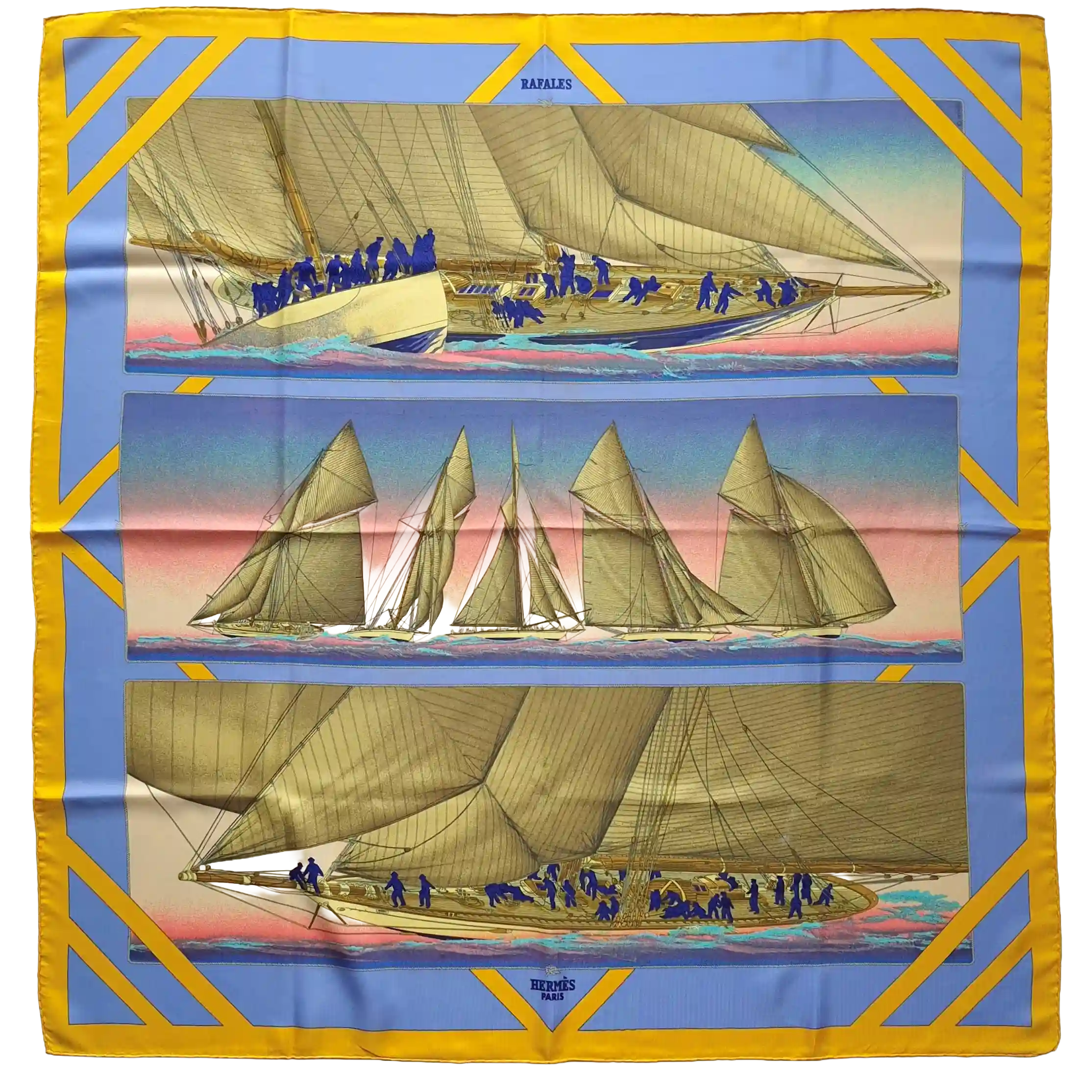 hermes rafales yannick manier silk scarf blue gold sailing ships nautical