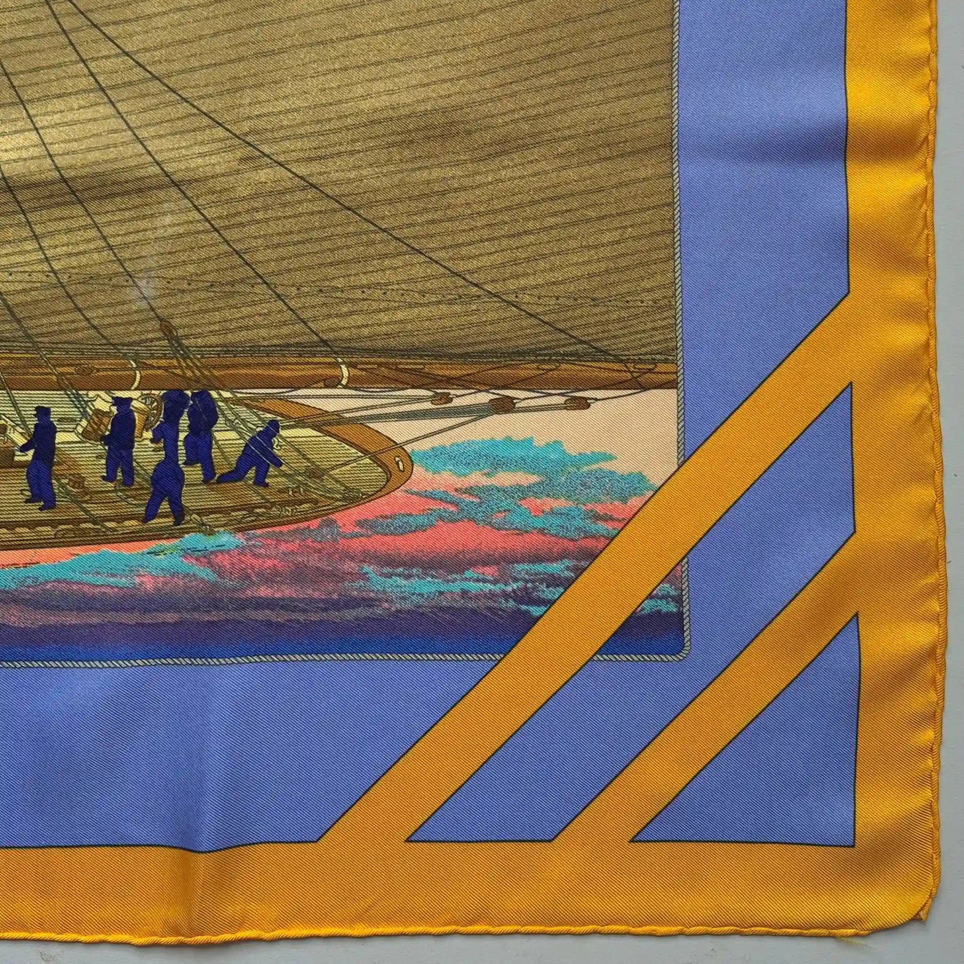 hermes rafales yannick manier silk scarf blue gold sailing ships nautical detail