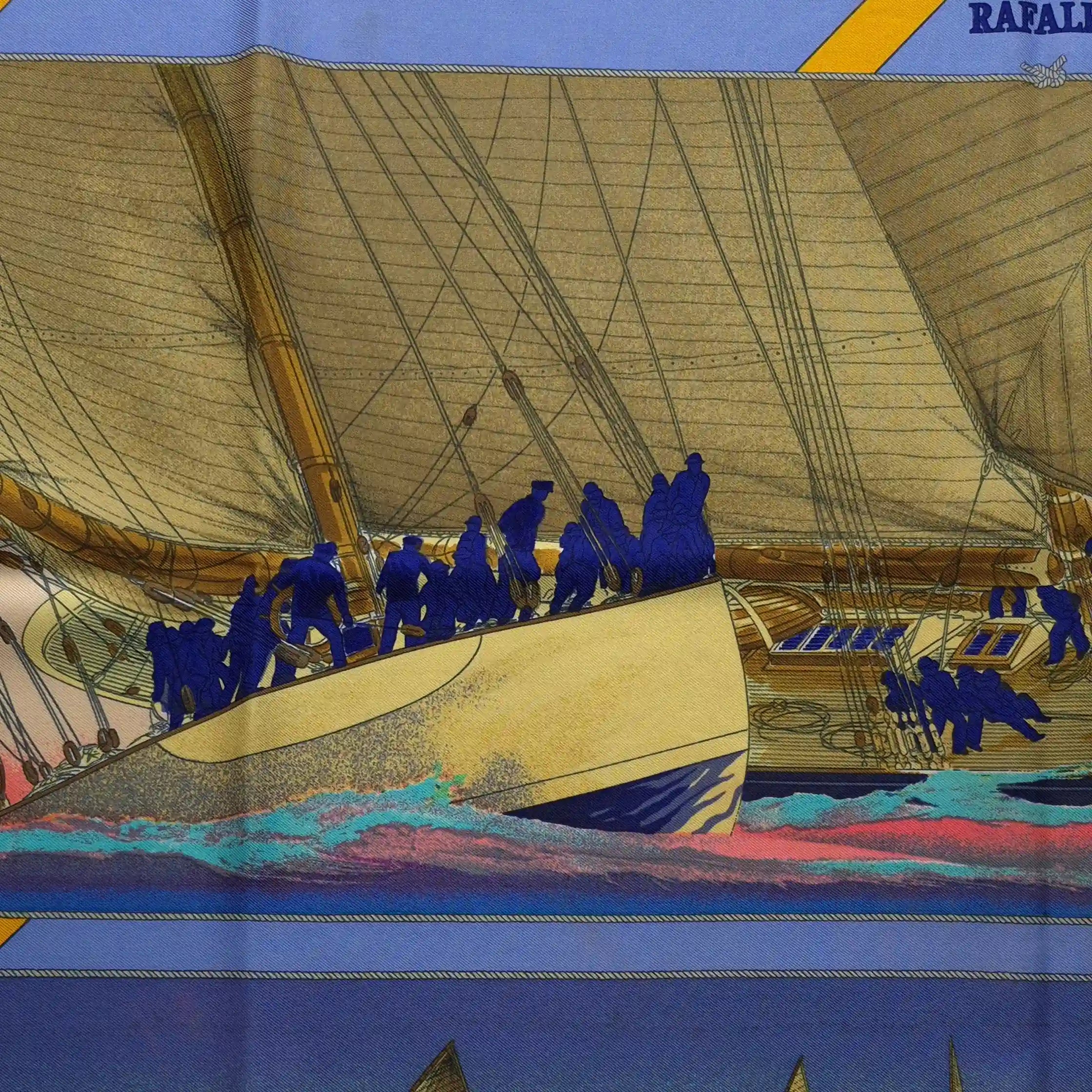 hermes rafales yannick manier silk scarf blue gold sailing ships nautical detail