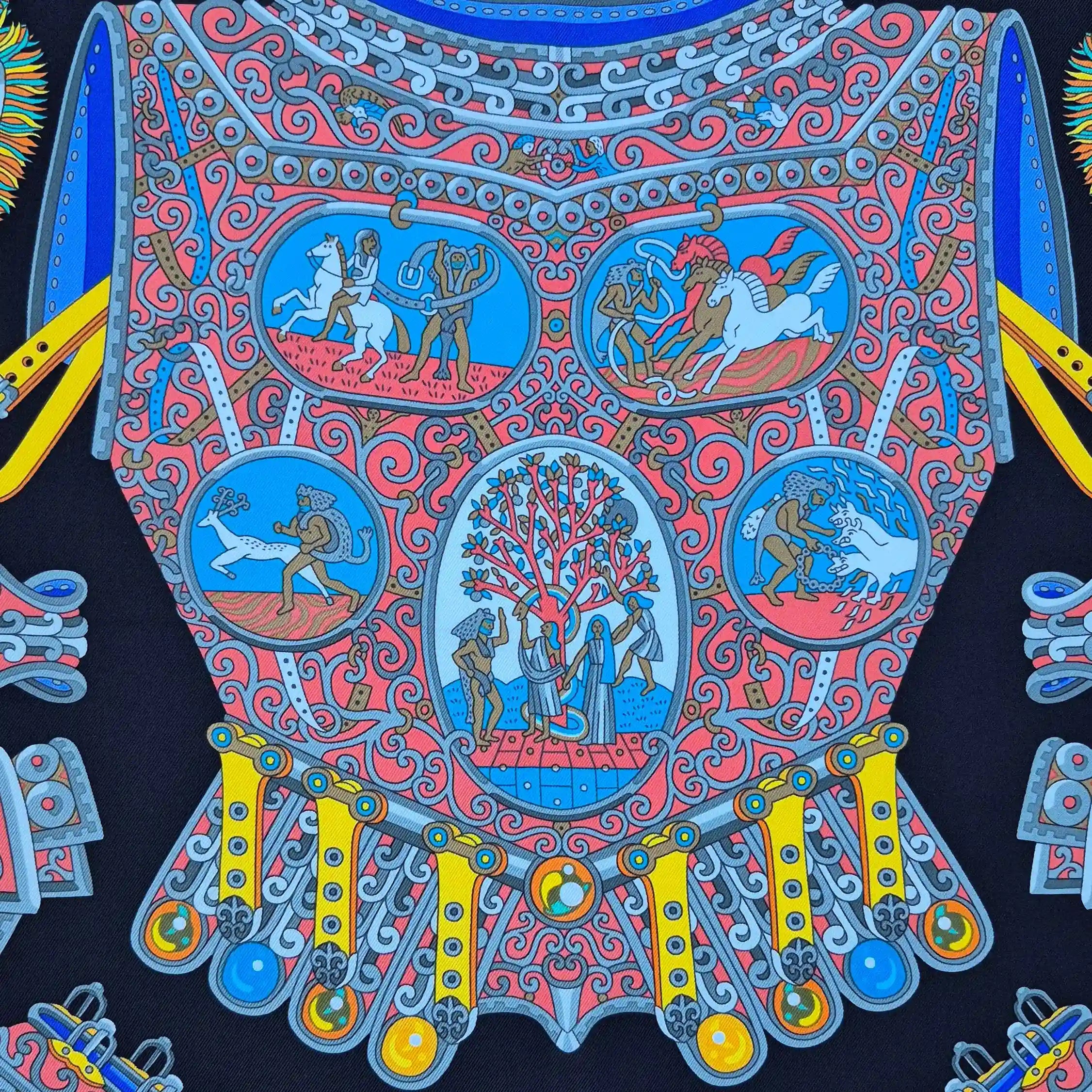 hermes sous l egide de mars pierre marie silk scarf blue black red antique armor