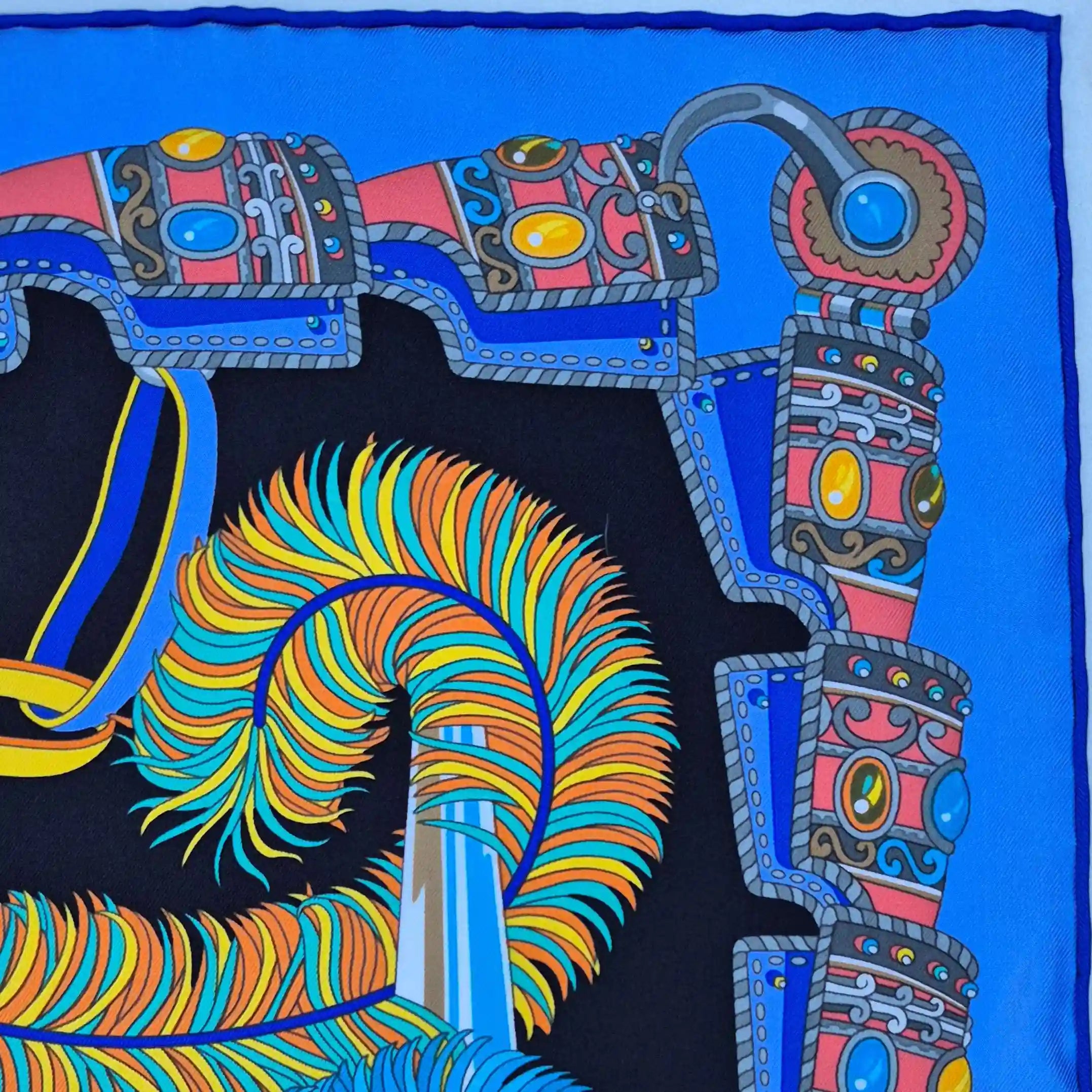 hermes sous l egide de mars pierre marie silk scarf blue black red antique armor