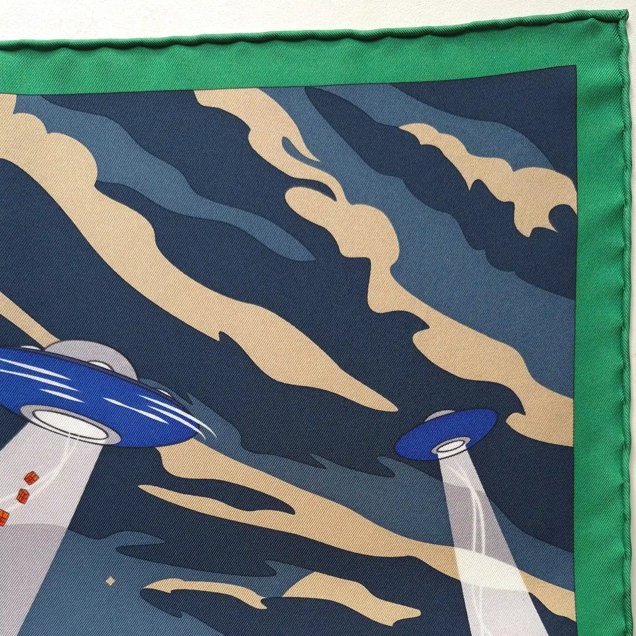 hermes space shopping au faubourg silk scarf blue red pop art ufo horse superhero detail