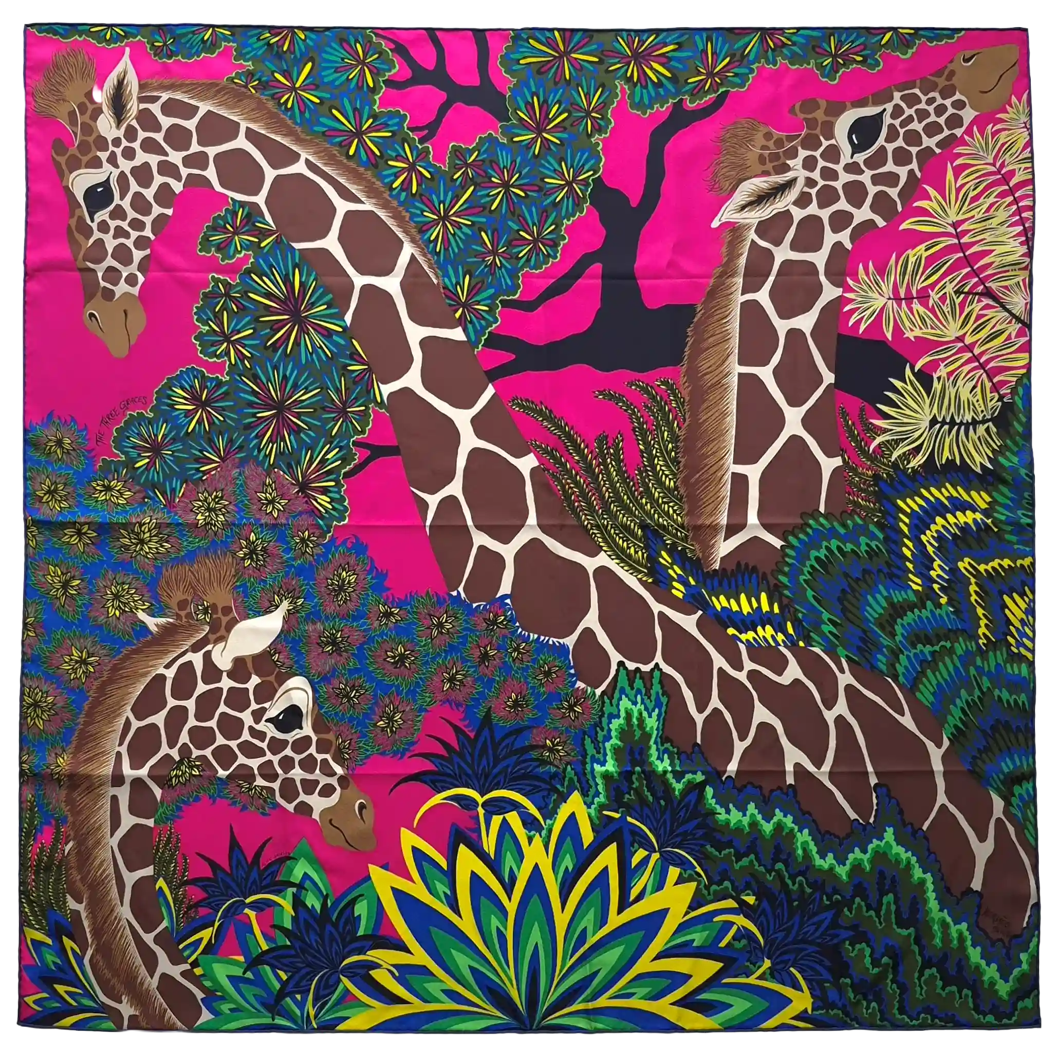 hermes three graces alice shirley silk scarf giraffes pink fuchsia jungle