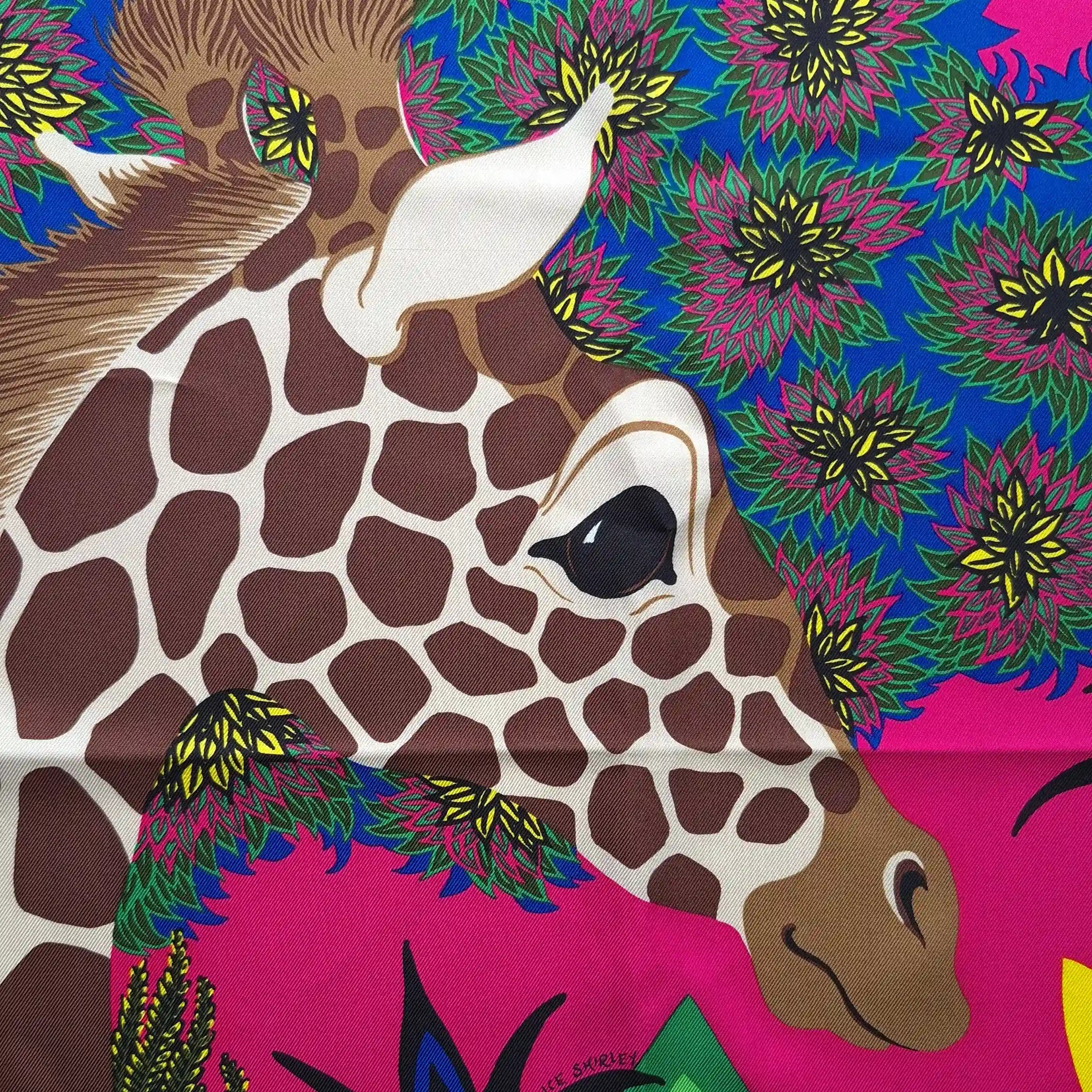 hermes three graces alice shirley silk scarf giraffes pink fuchsia jungle detail