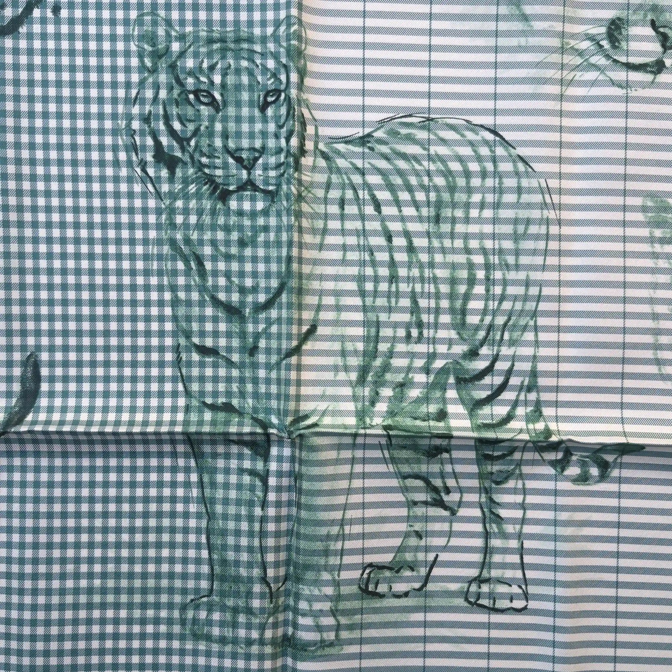 hermes dans l atelier de robert dallet silk scarf green white sketches big cats detail