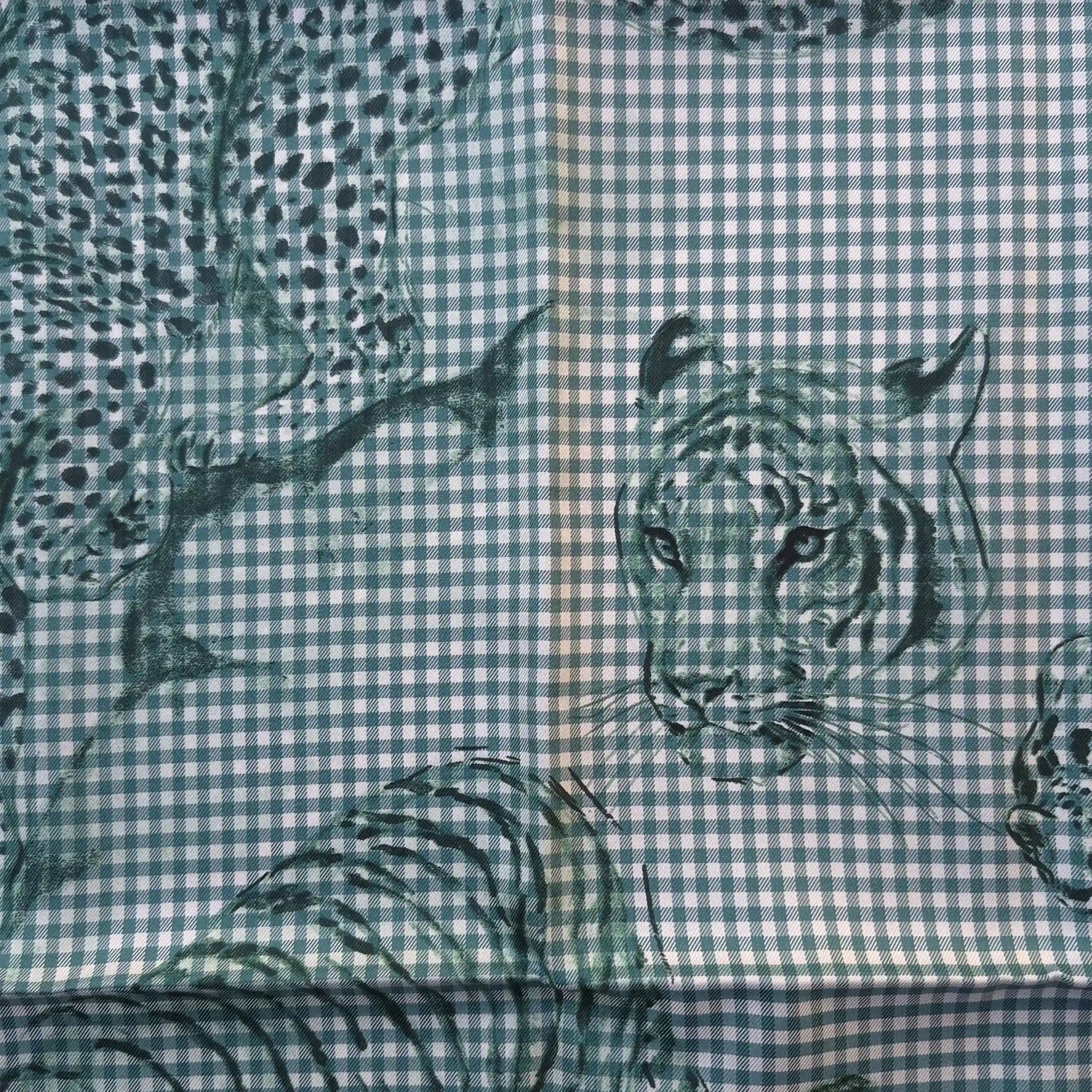 hermes dans l atelier de robert dallet silk scarf green white sketches big cats detail