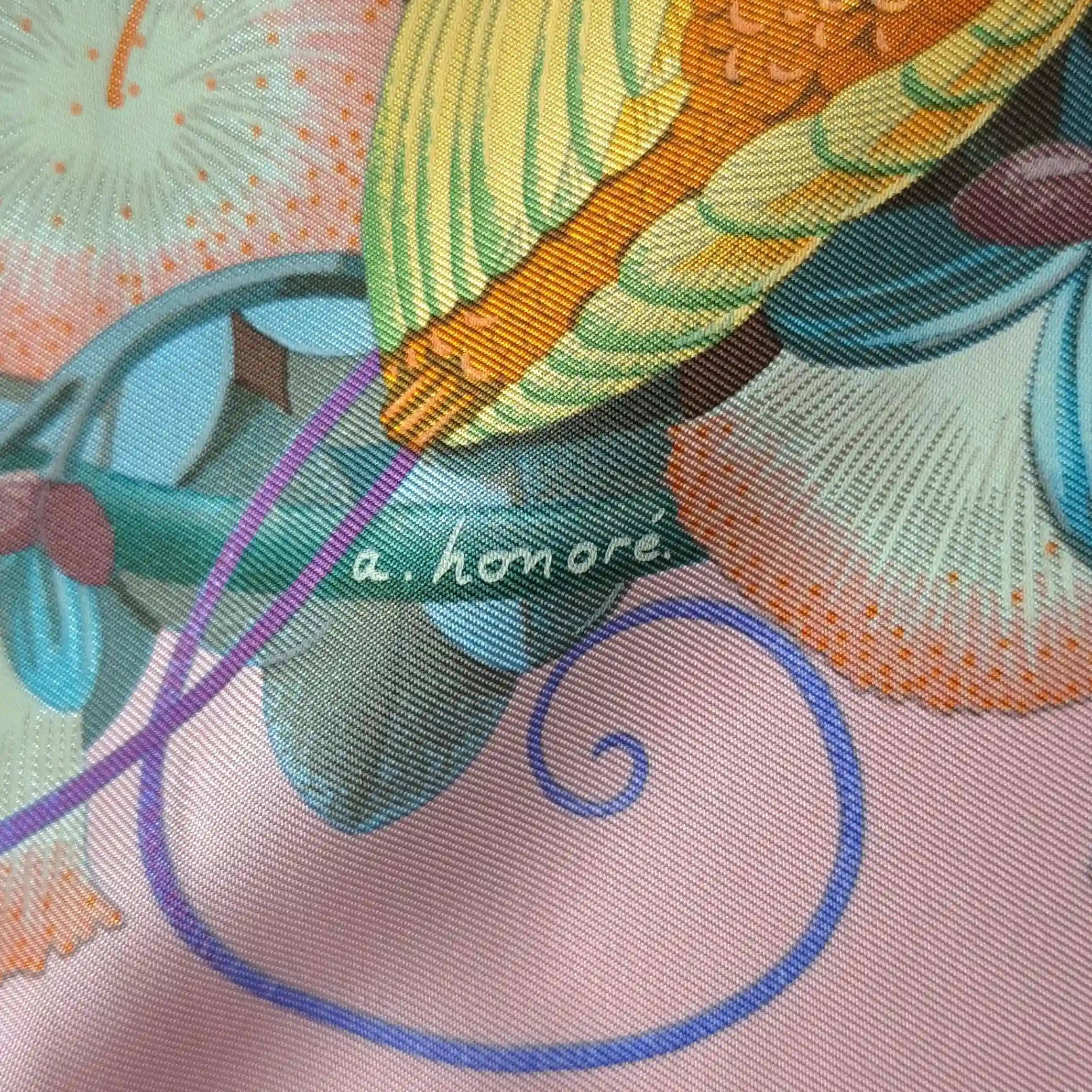 Hermès Au Cœur de la Vie silk scarf by Aline Honoré – pink and celadon colorway – lush botanical pattern with exotic birds, tropical foliage and central medallion detail