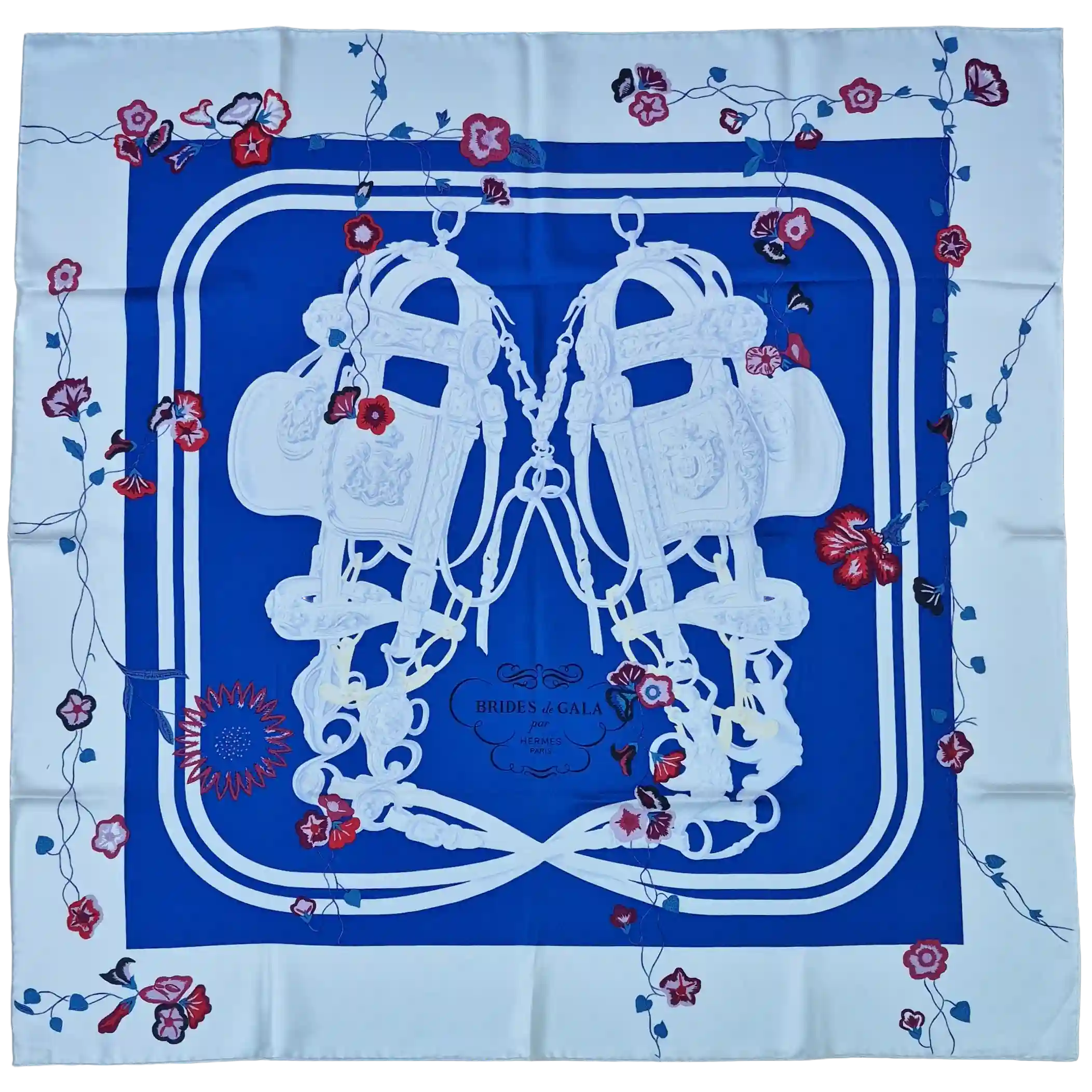 hermes brides de gala hugo grygkar silk scarf blue red floral equestrian bridle