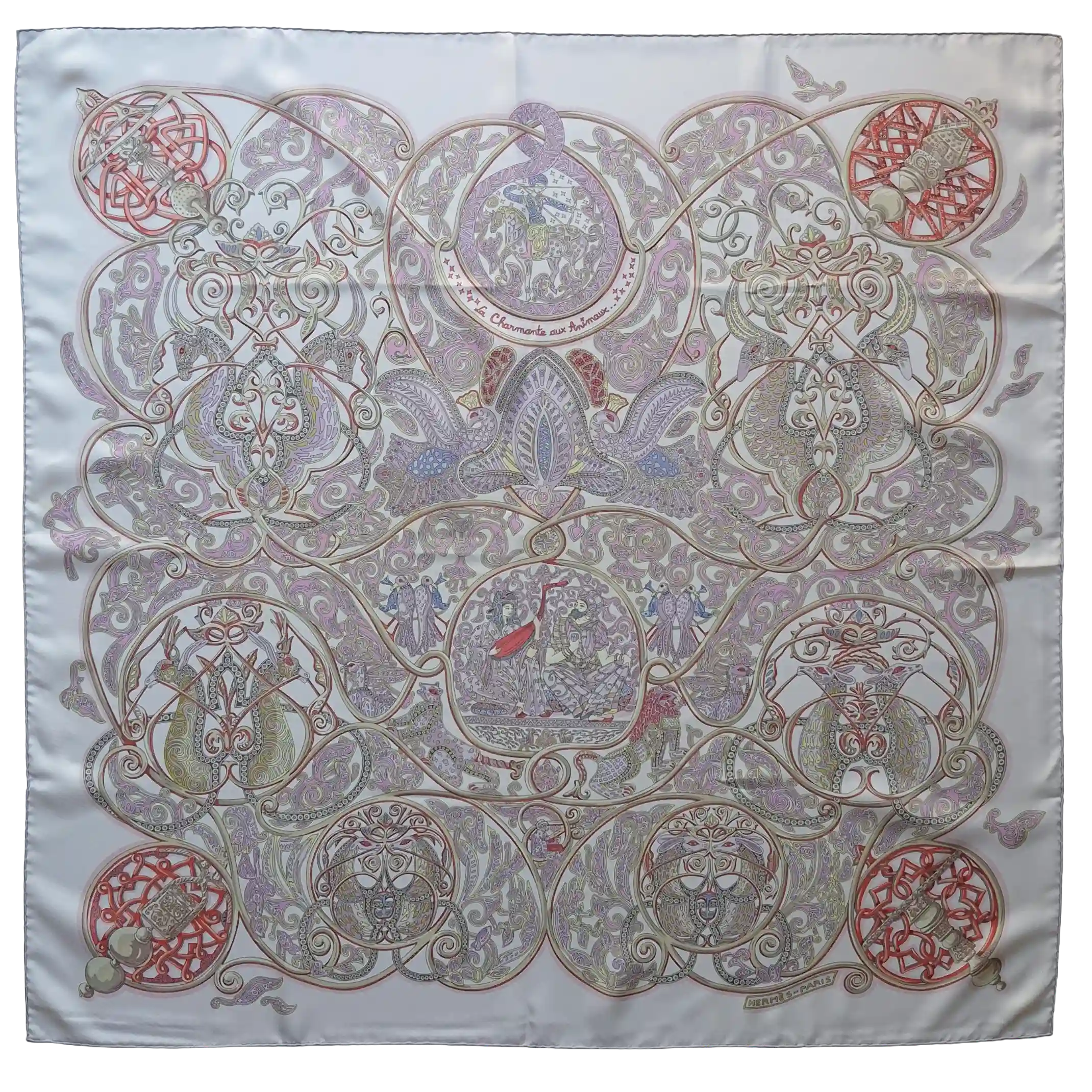 hermes la charmante aux animaux annie faivre silk scarf white pink medieval animals